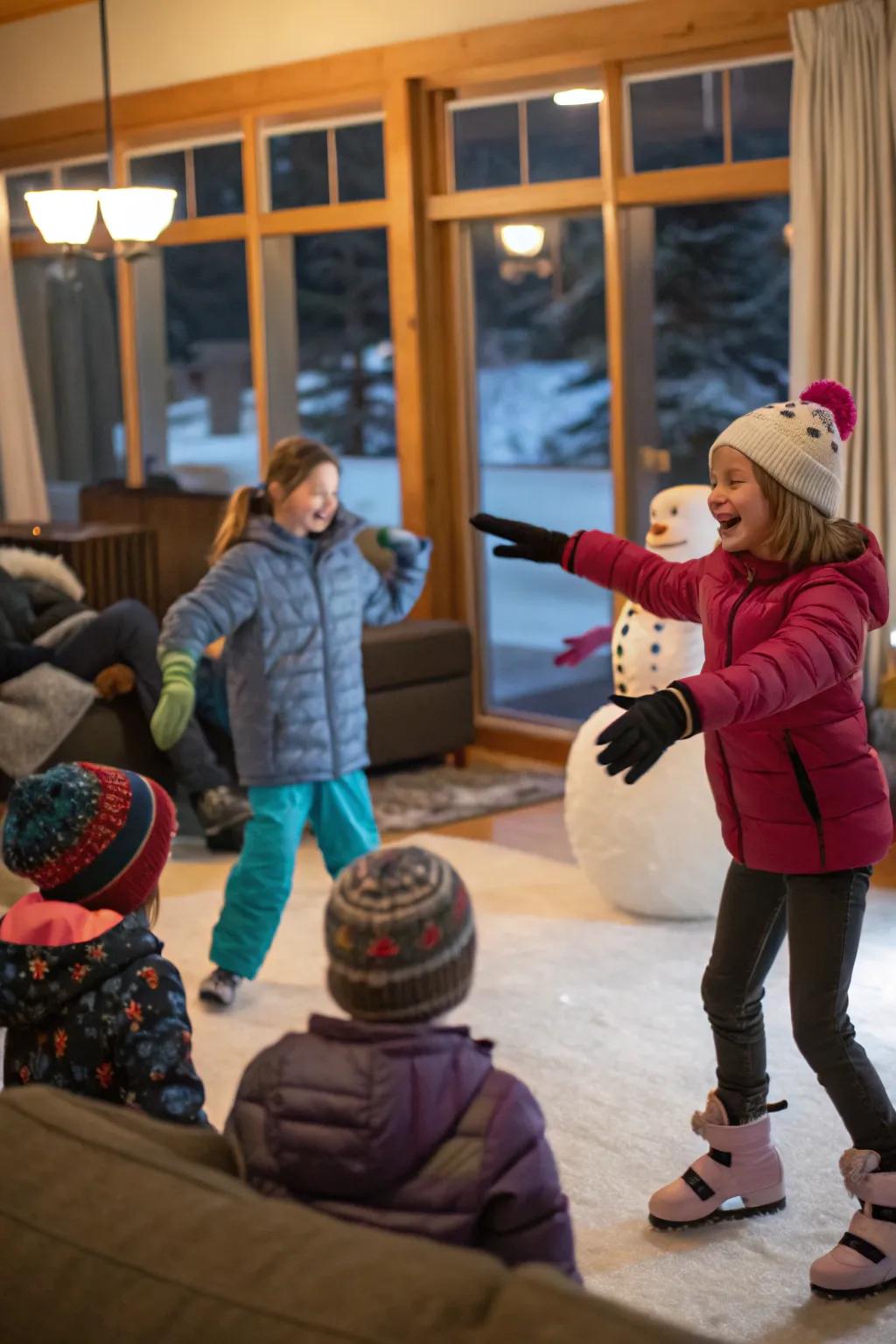 Kids creatively engaging in a lively game of winter charades.