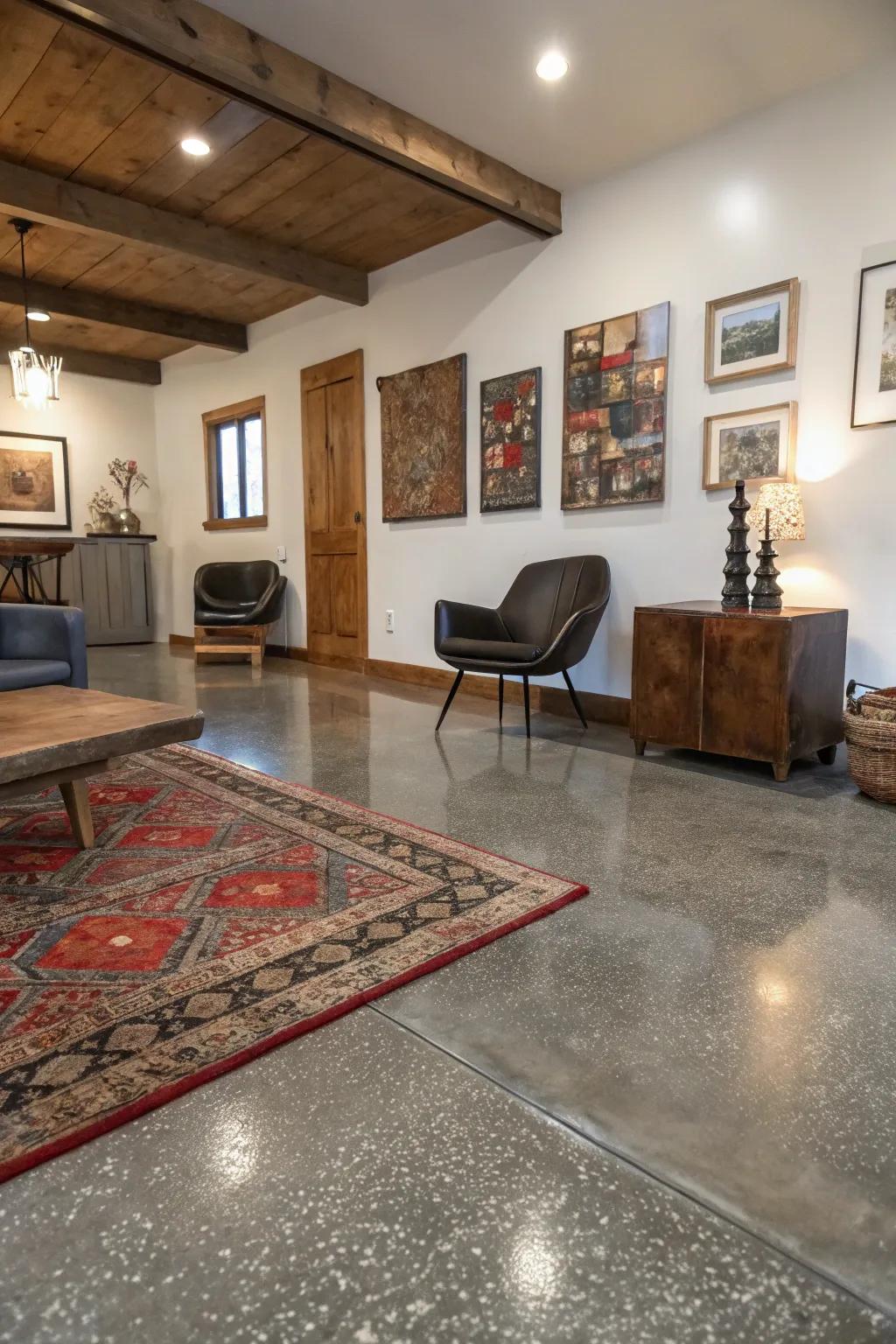 Textured overlays add depth to concrete floors.