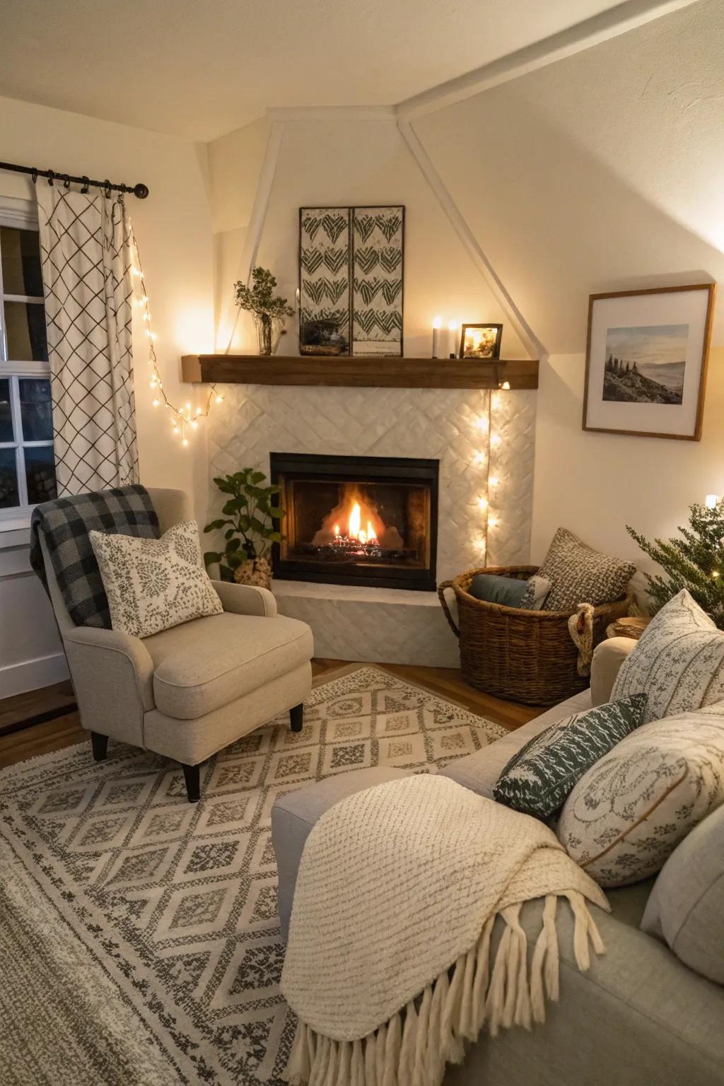 A small family room featuring a nook fireplace with a cozy seating arrangement.