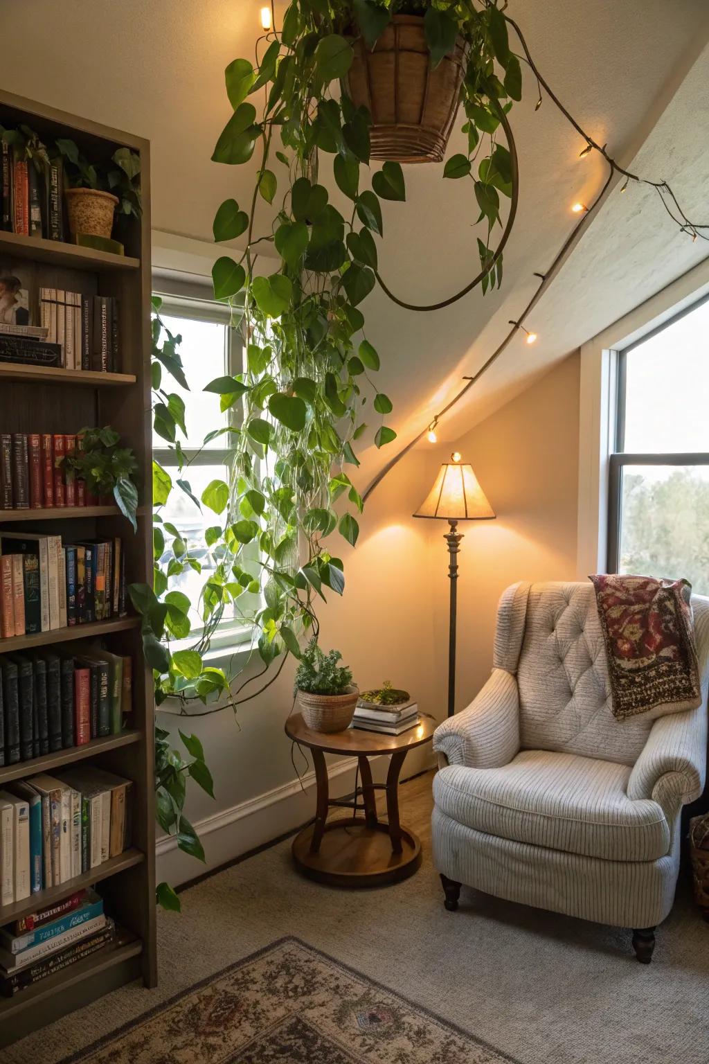 Add serenity to reading nooks with cascading pothos.