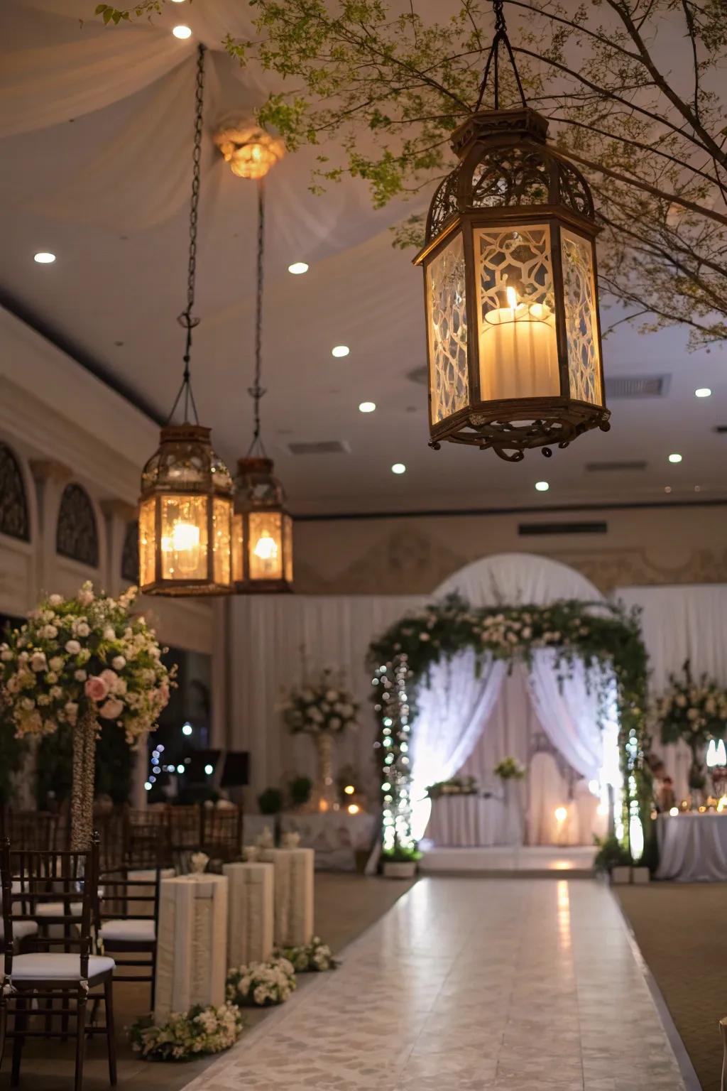 Suspended illumination holders providing sophistication and cultural flair to the wedding.