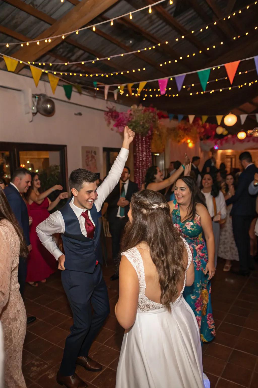 Celebration photographs record the elation and energy of the wedding occasion.