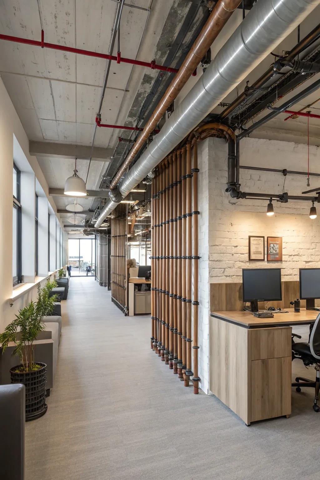 Exposed pipes add an industrial edge to the office design.