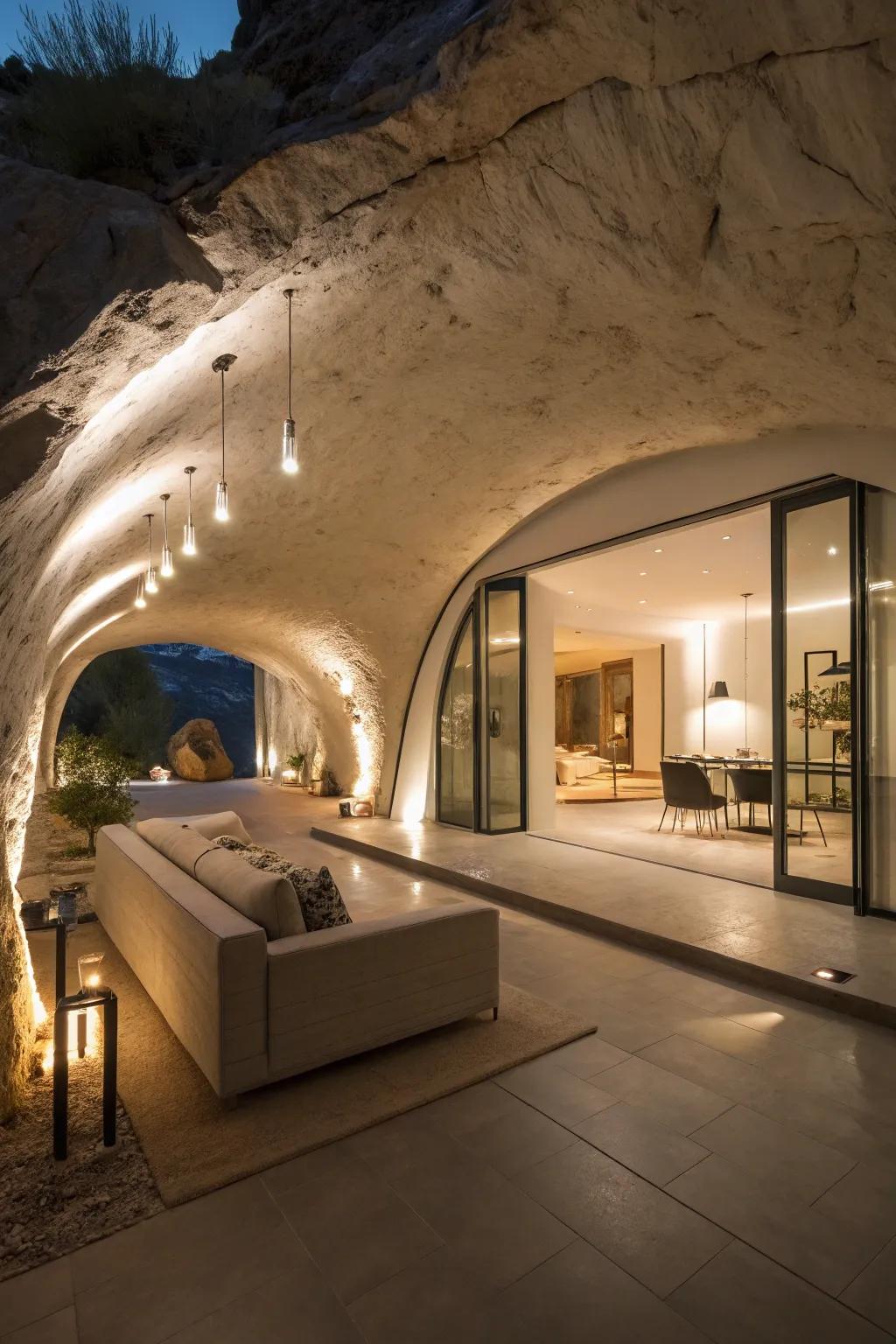 Inventive illumination brightens and elevates the atmosphere of earth-sheltered dwellings.