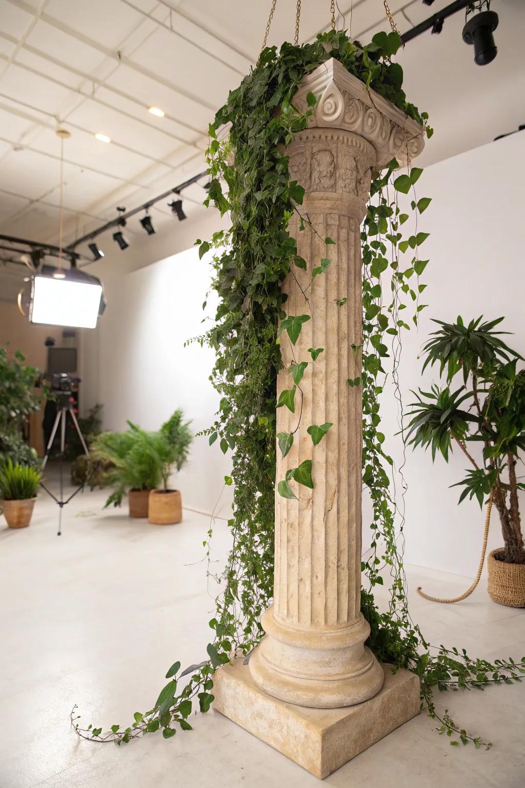 Plant life adding a fresh ambience to the columns.