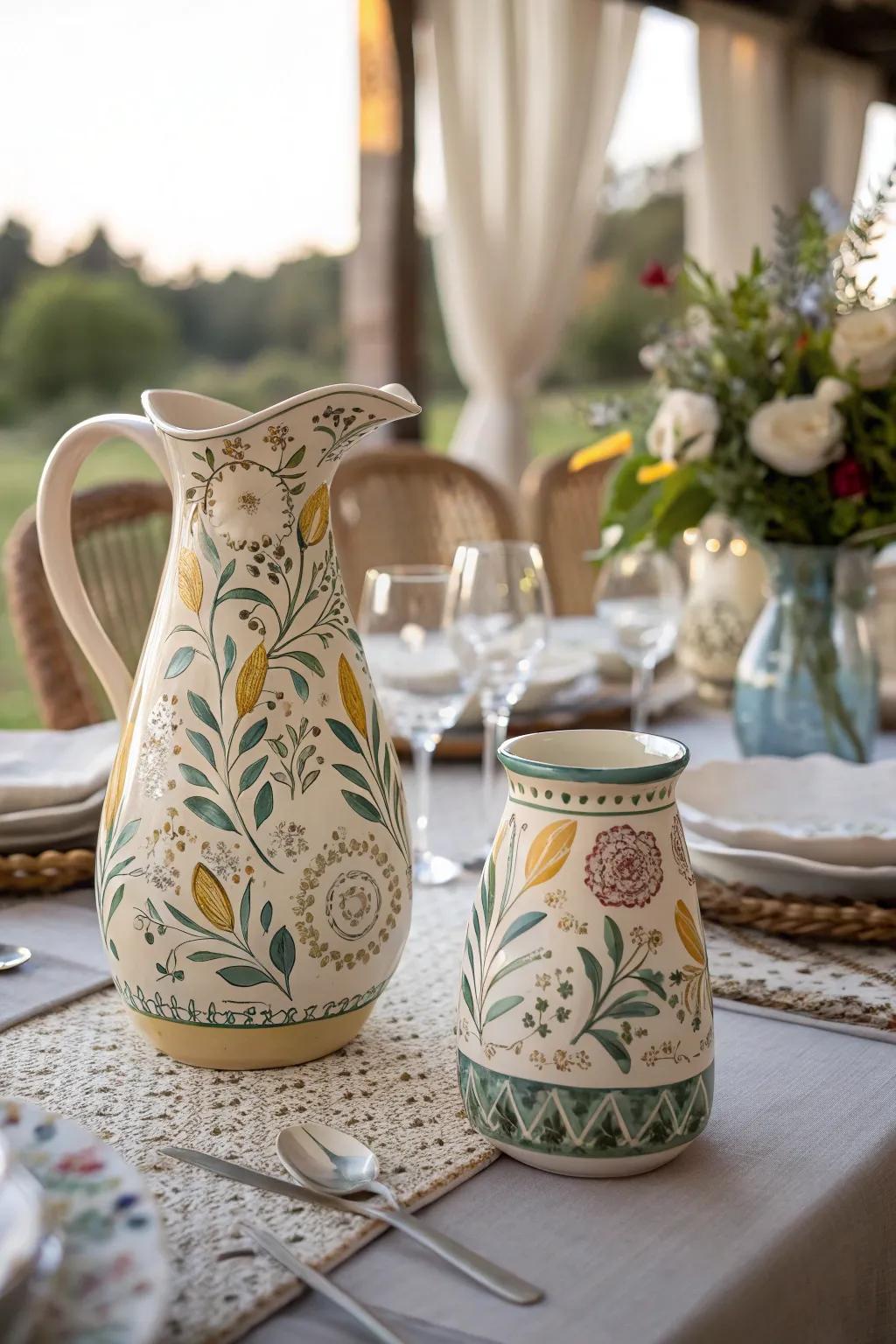 Ceramic jugs add a surprising and functional element.