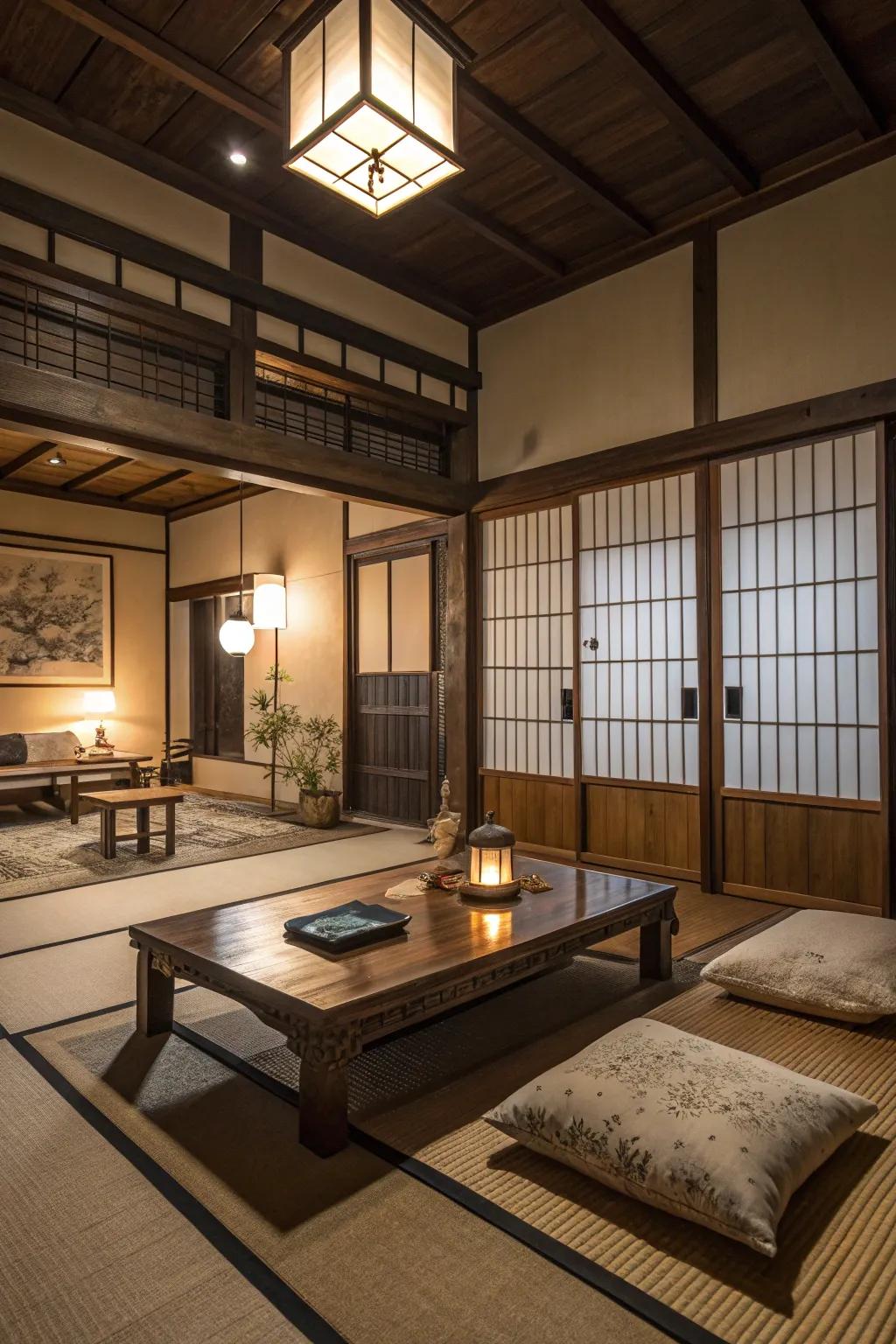 Layered lighting techniques create a warm and dynamic ambiance.