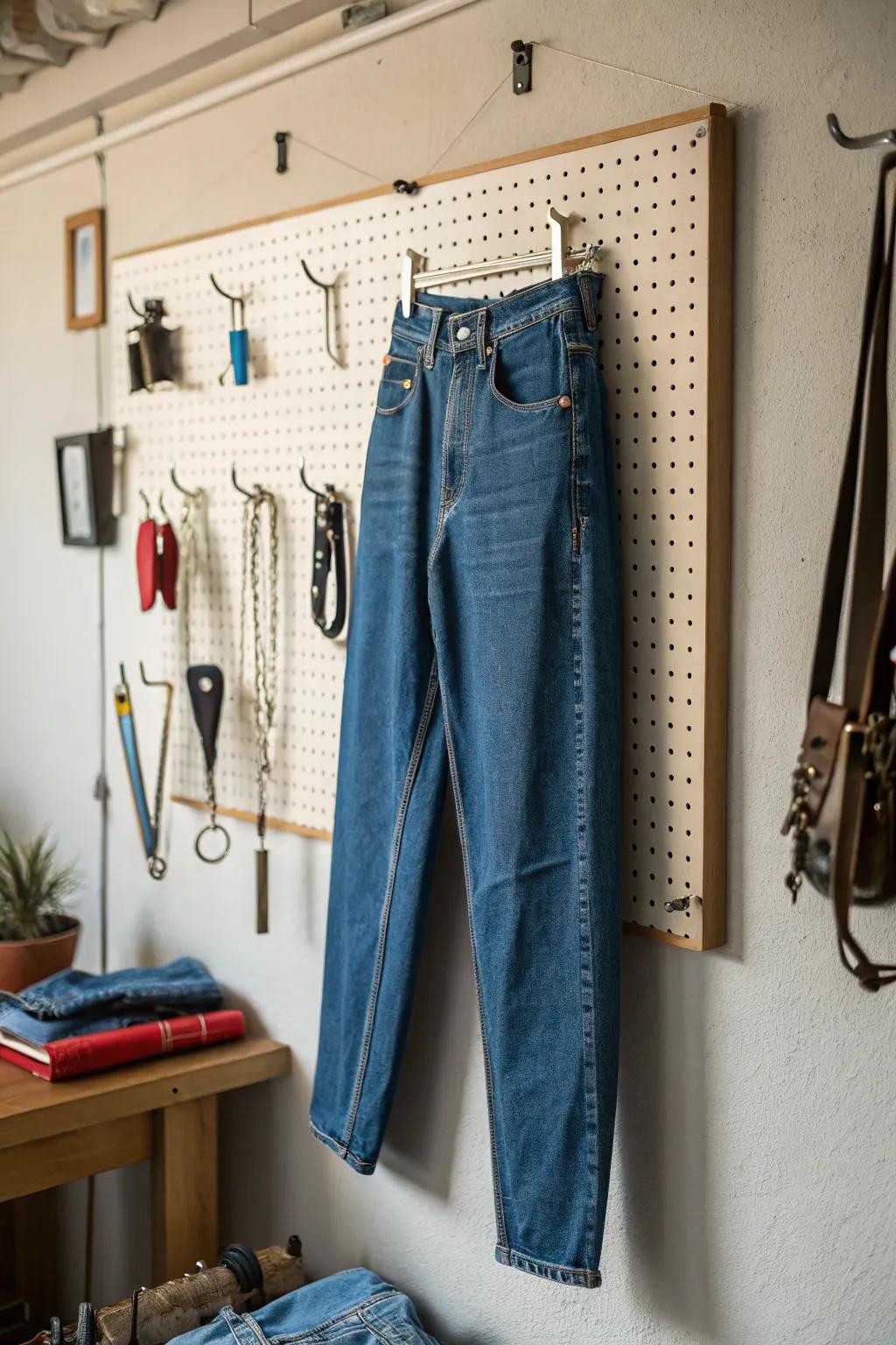 A pegboard offers a flexible and creative jeans storage option.