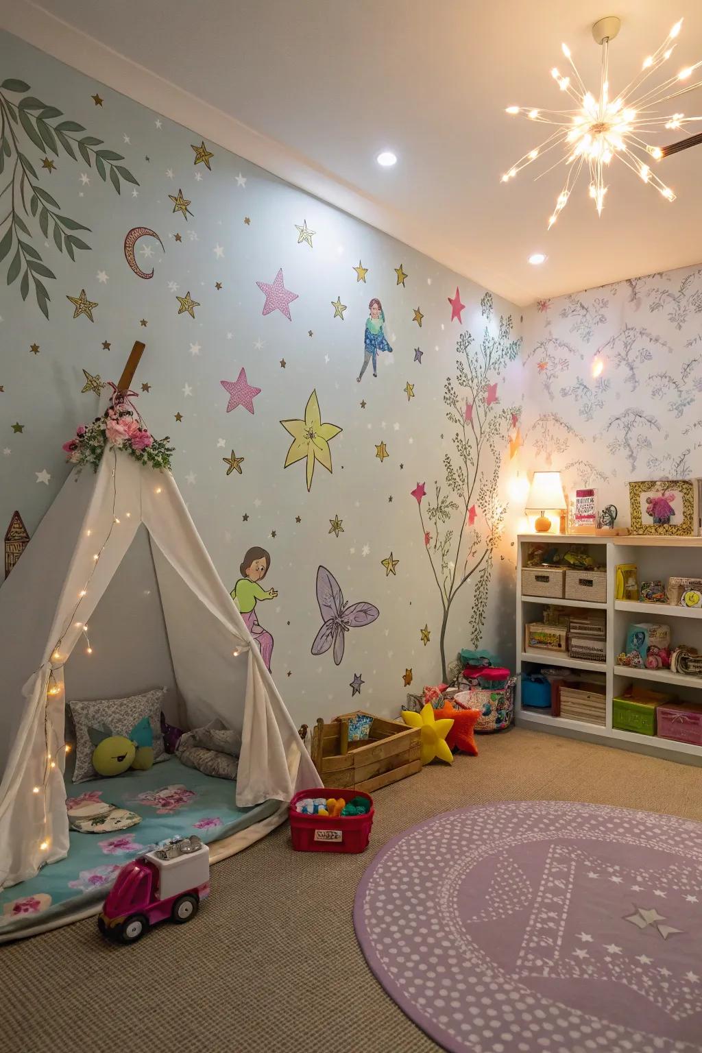 A playroom through wall decoration showcasing stars and fairies perfect for dreamers.