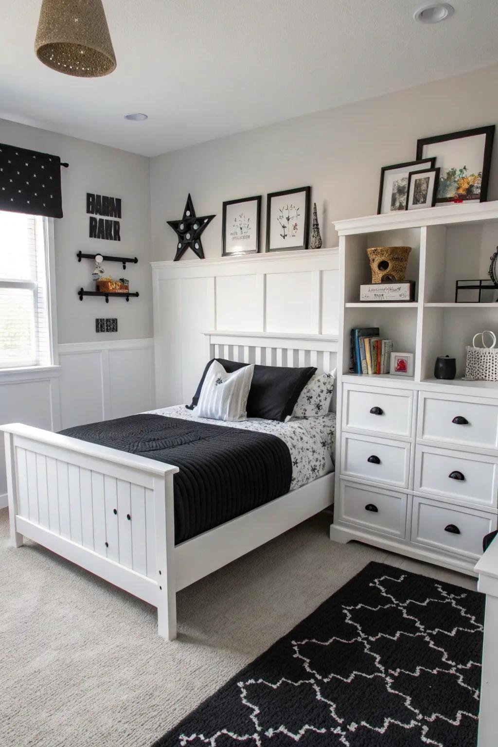 Black and white furnish a striking and flexible design preference.