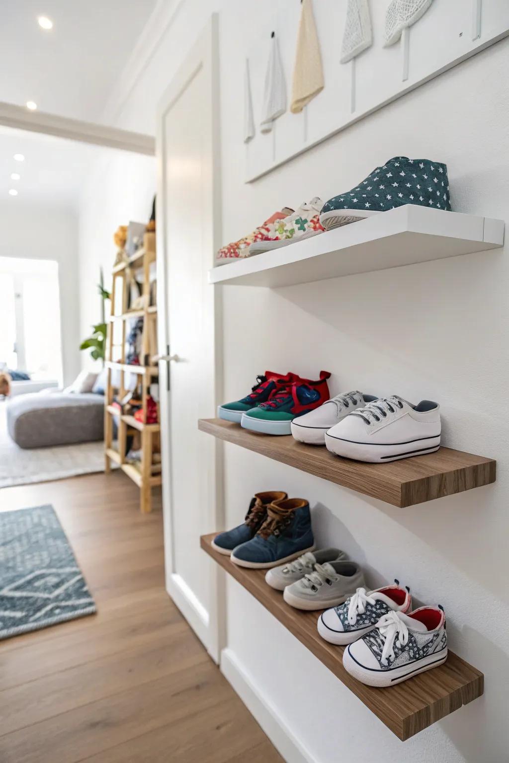 With minimalist floating shelves, display shoes.