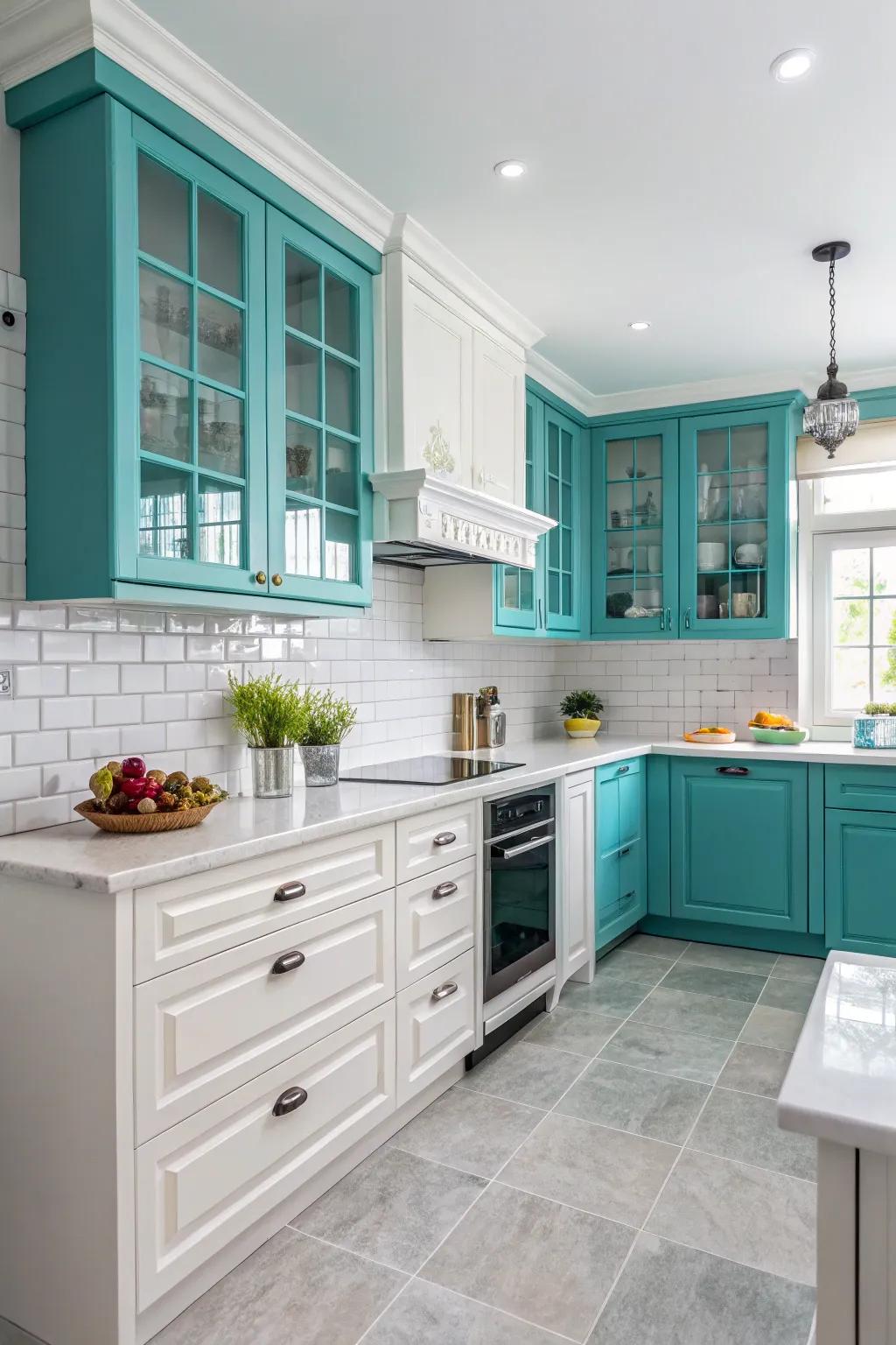 Sparkling blue-green pops impart an animated sparkle of hue onto your kitchen.