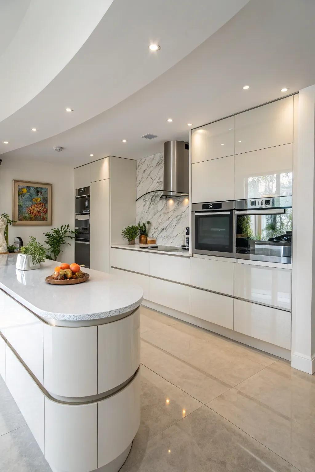 Rounded cabinetry softens the kitchen and adds a modern touch.