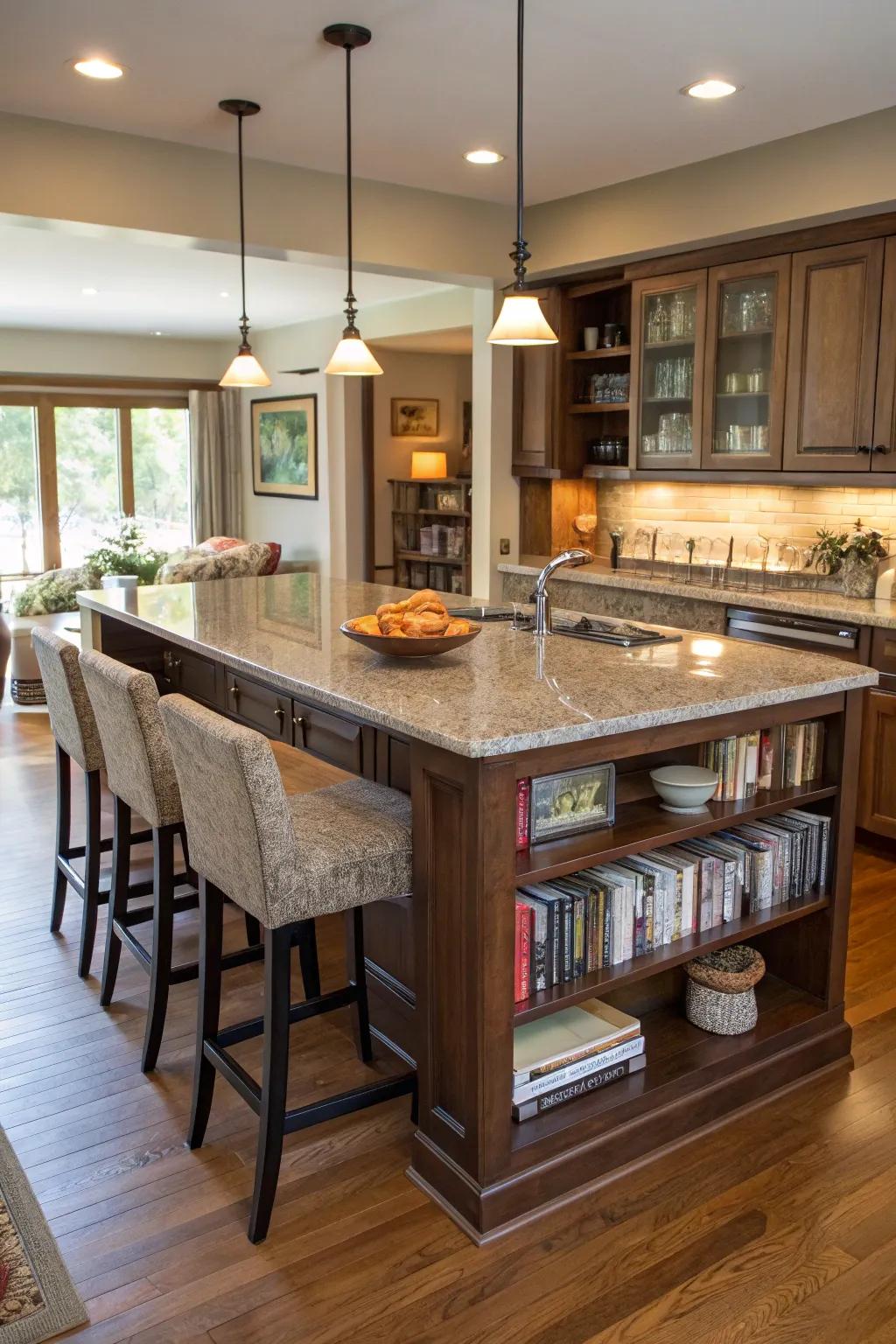 Integrated seating transforms this cooking island into a social hub, ideal for gatherings.