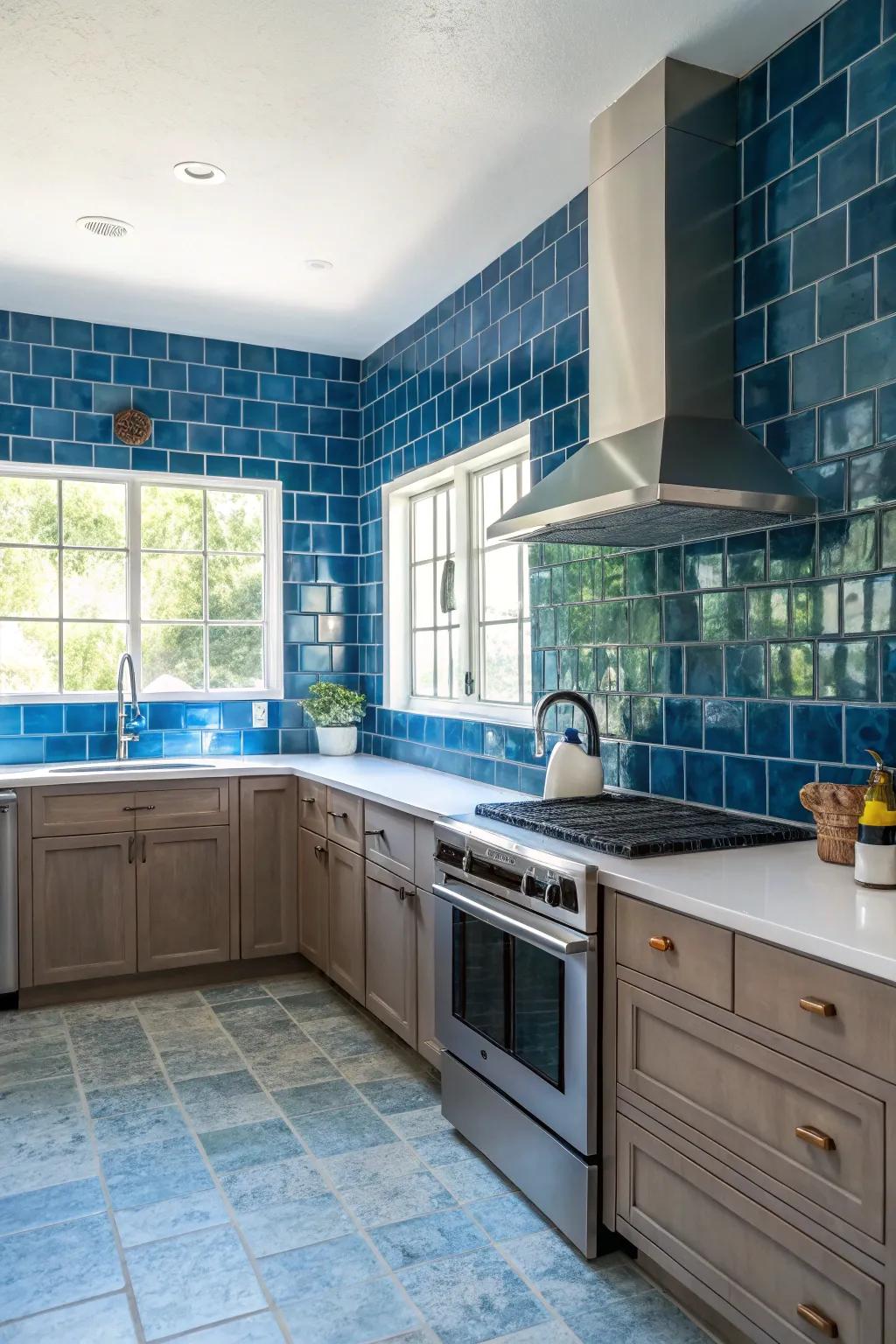 Tiles stretching to the ceiling for a dramatic cooking area accent.