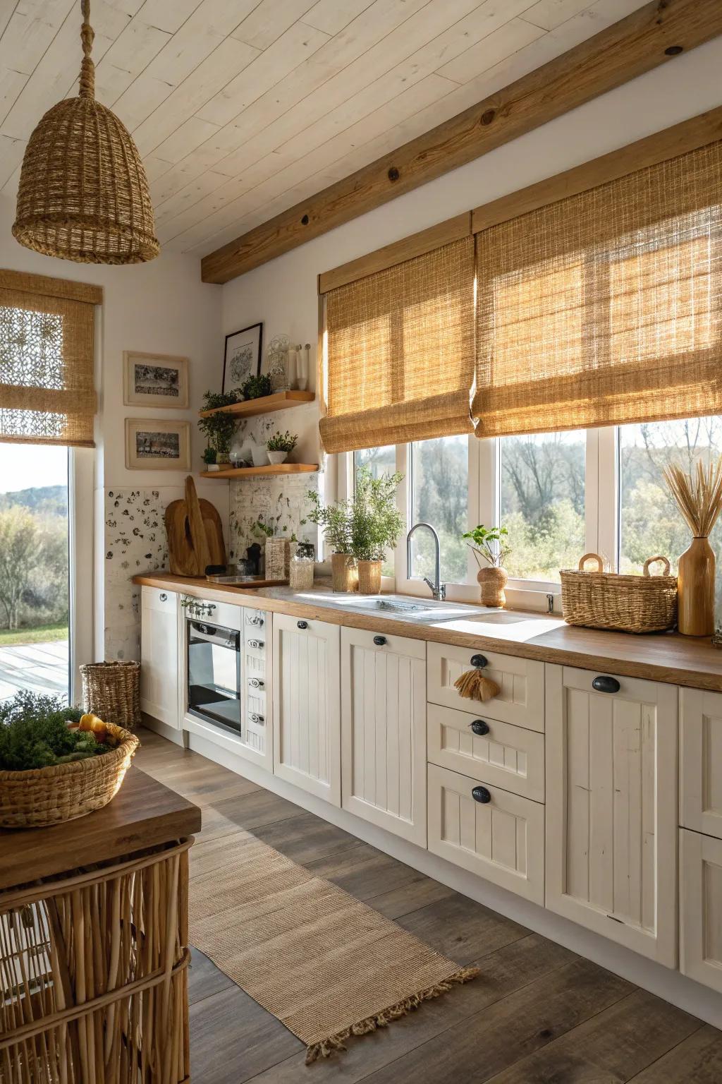 Cane shades afford texture and a rustic element to kitchens.