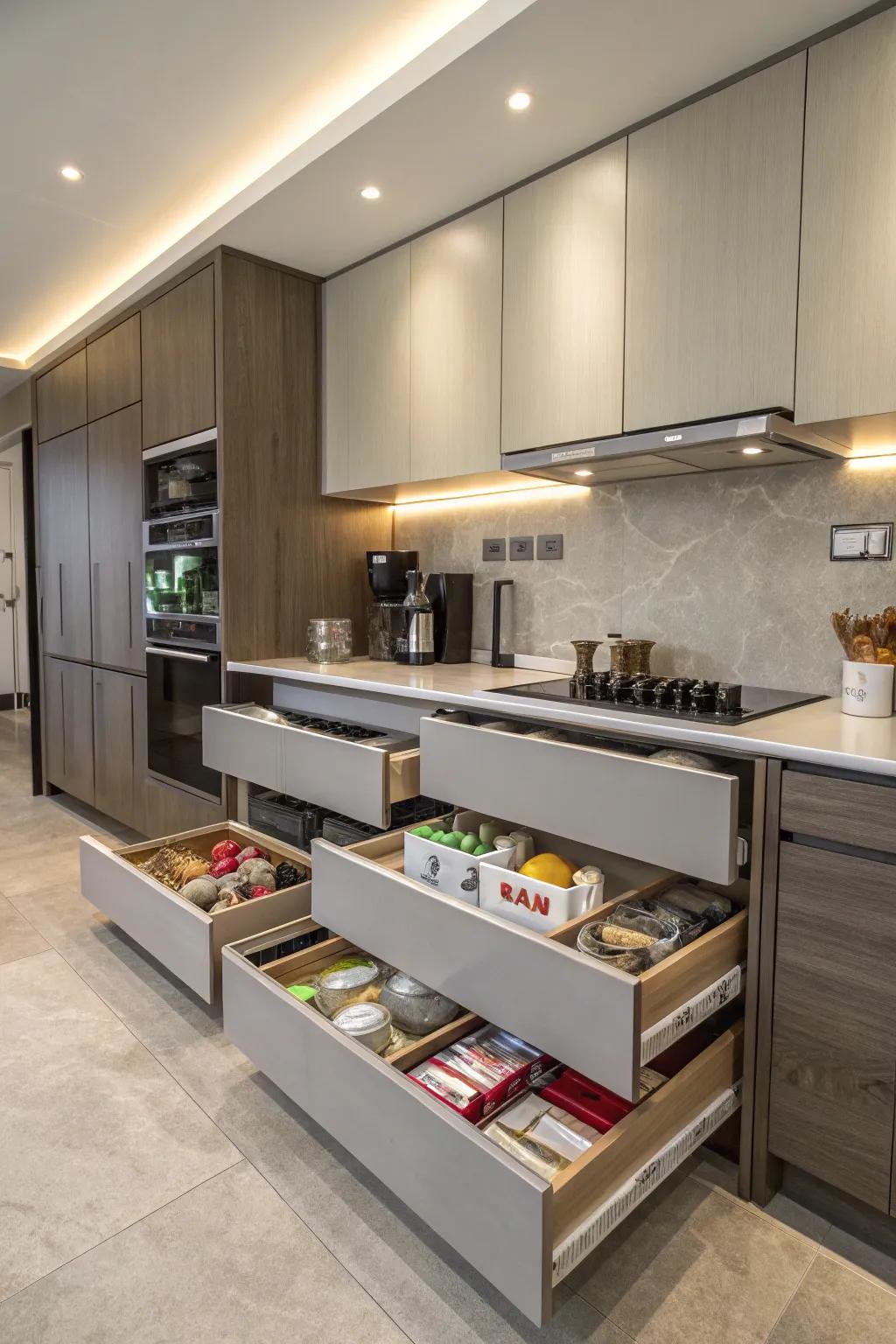 In a kitchen without windows, concealed storage keeps the space tidy and organized.