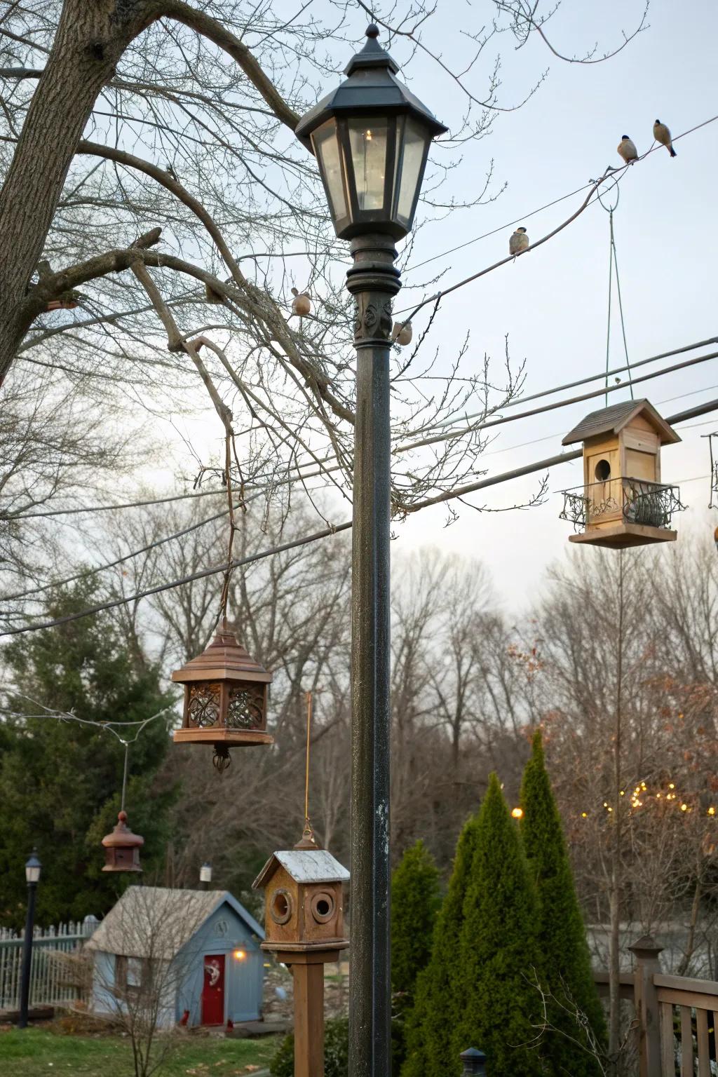 Avian-welcoming elements drawing wildlife to a lamp post precinct.