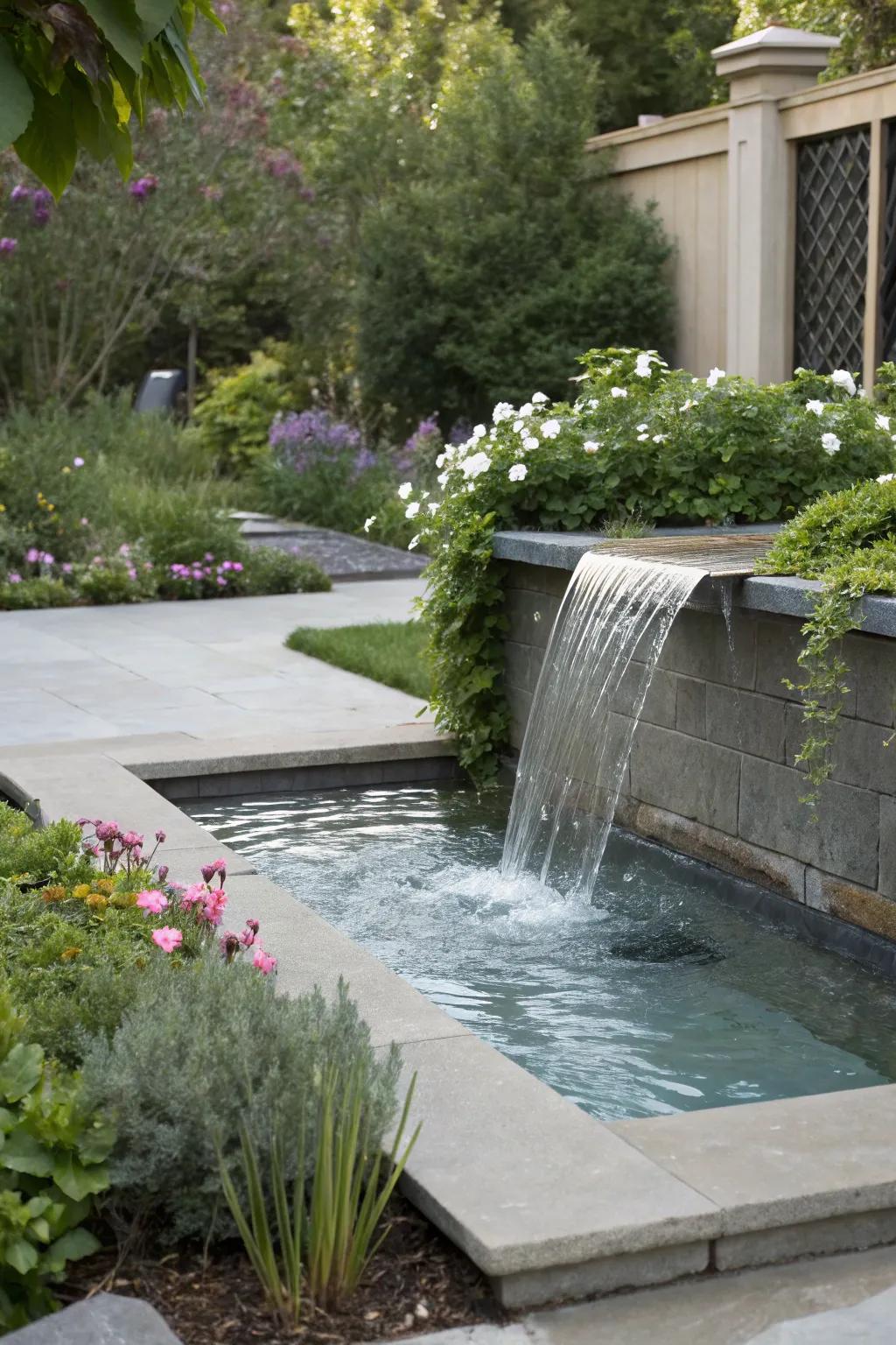 Water additions not only hide pool equipment but also enhance the garden's ambiance.