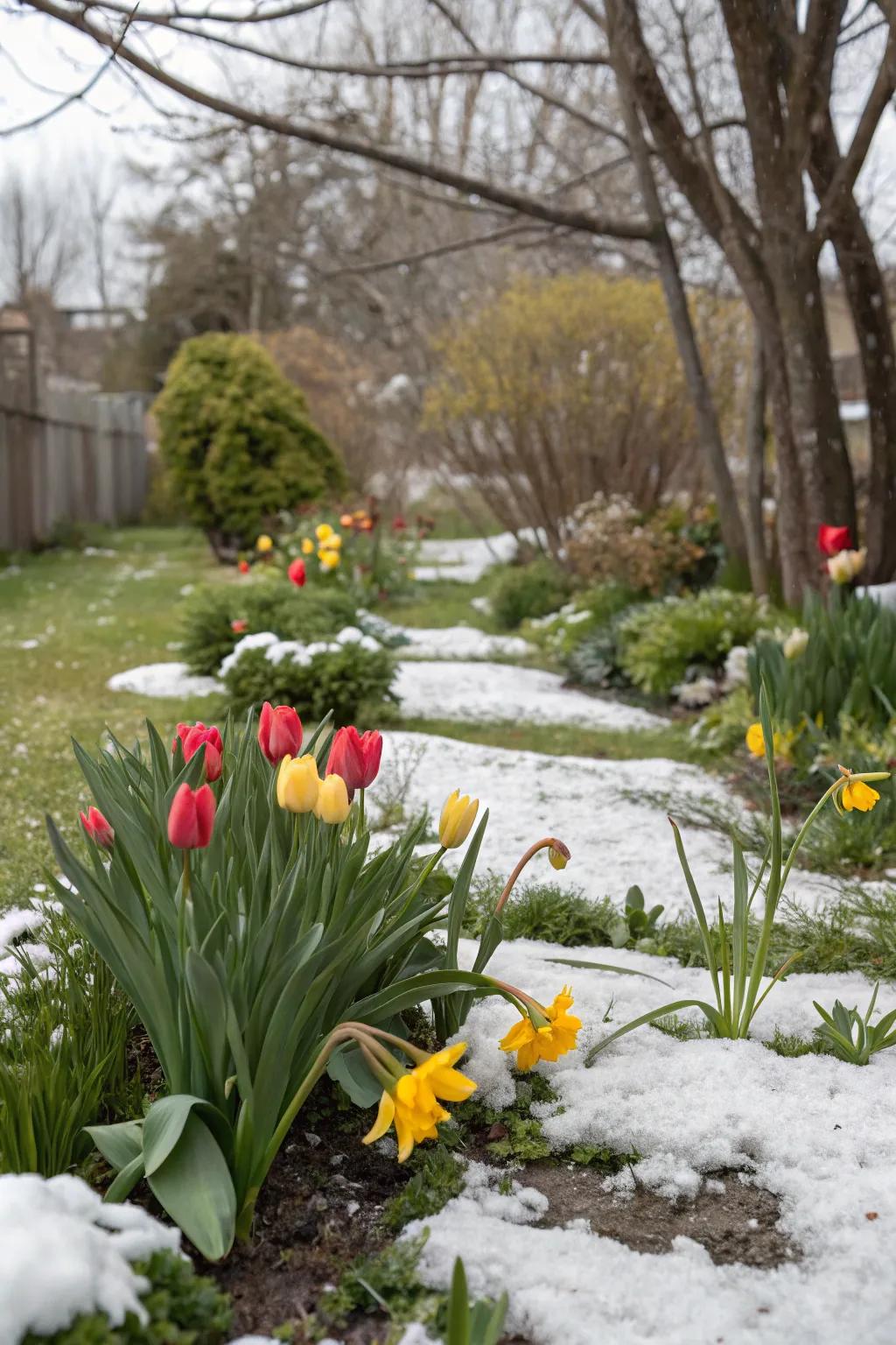 <strong>Blossom rockets</strong> and <strong>golden trumpets</strong> marking the transition from winter to spring in the garden.” loading=”lazy” class=”pimg”>
	</picture><figcaption><strong>Blossom rockets</strong> and <strong>golden trumpets</strong> marking the transition from winter to spring in the garden.</figcaption></figure>
<p>Use <strong>blossom rockets</strong> and <strong>golden trumpets</strong> to transition your garden from winter to spring. Their early blooms signal the change of seasons and bring life back to your garden.</p>
<h3>Possibly helpful picks:</h3>
<ul class=