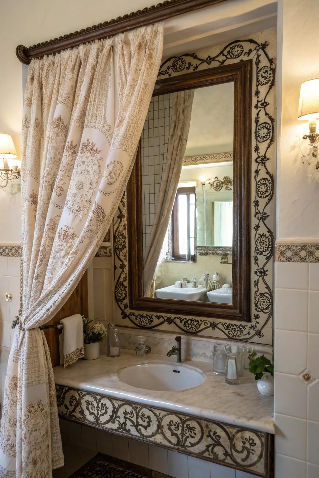 Drapes enhance drama and refinement in powder room mirror configurations.