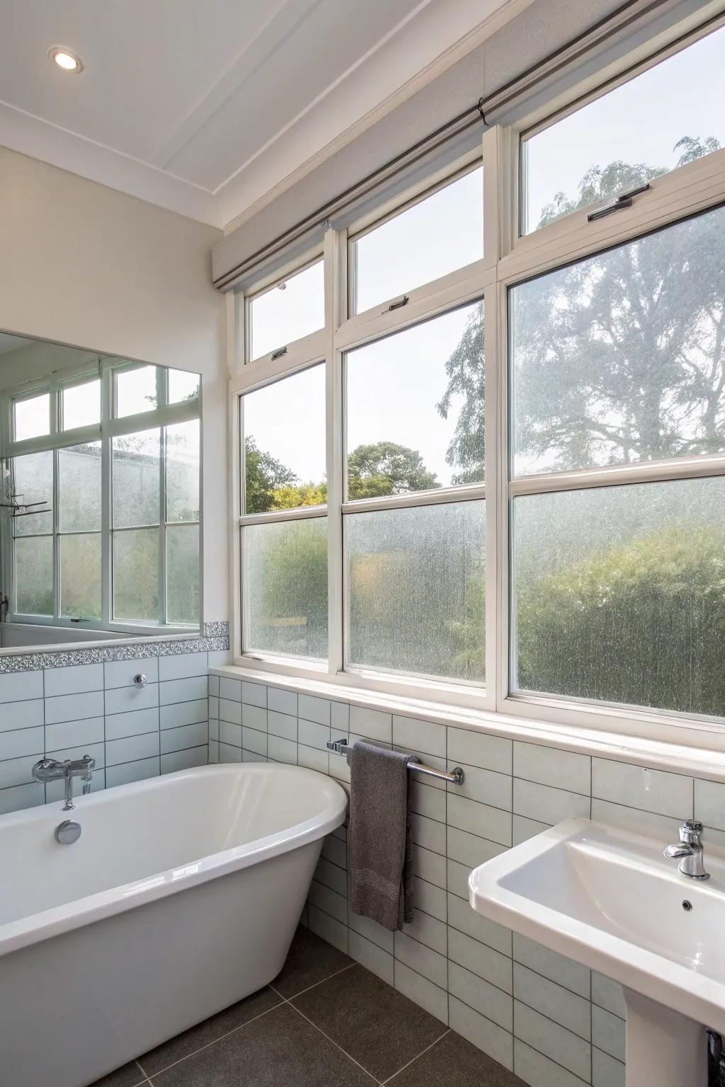 Textured glass windows offering secrecy and style inside a bathroom setting.