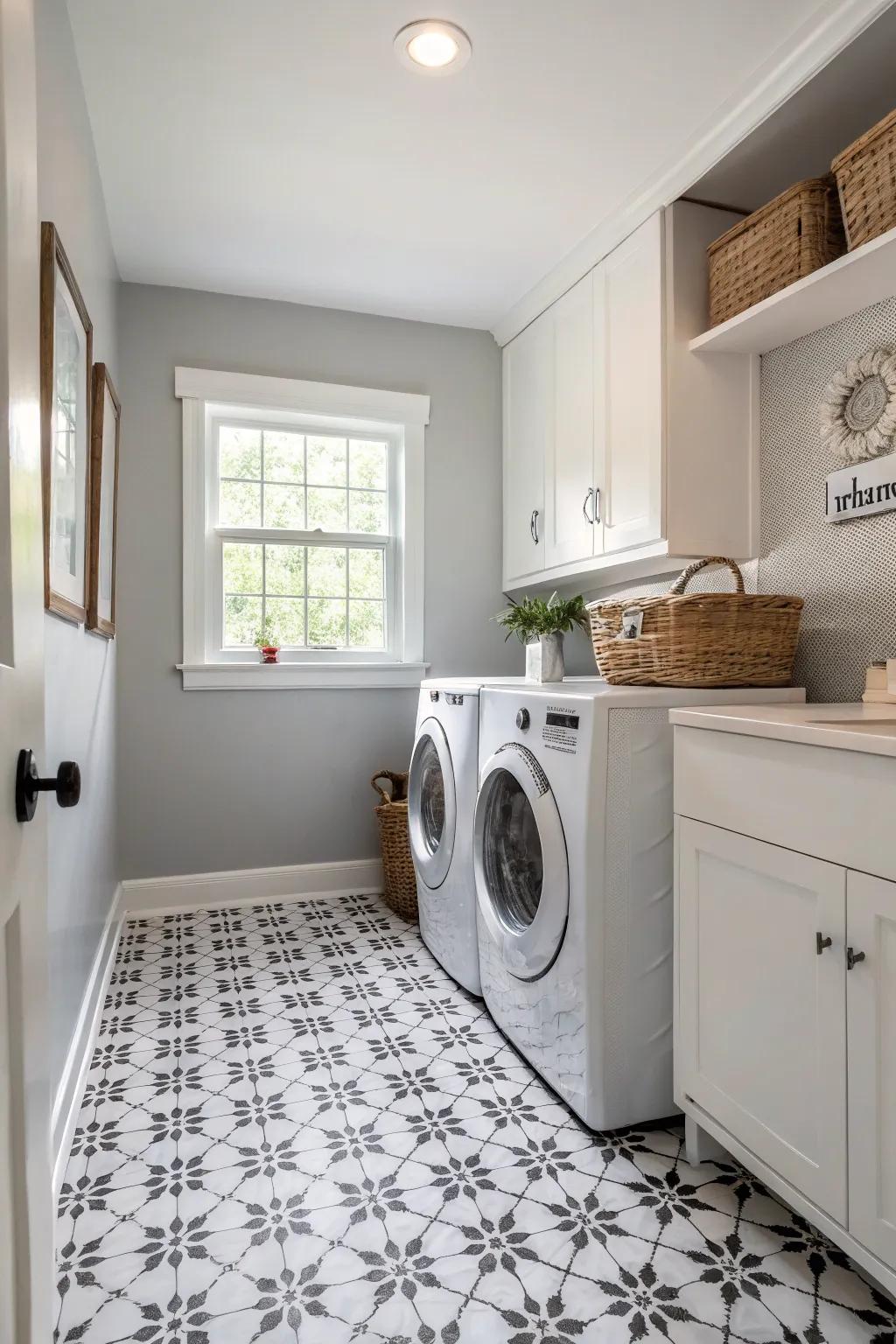 Monochrome tiles make a clean and modern laundry area.