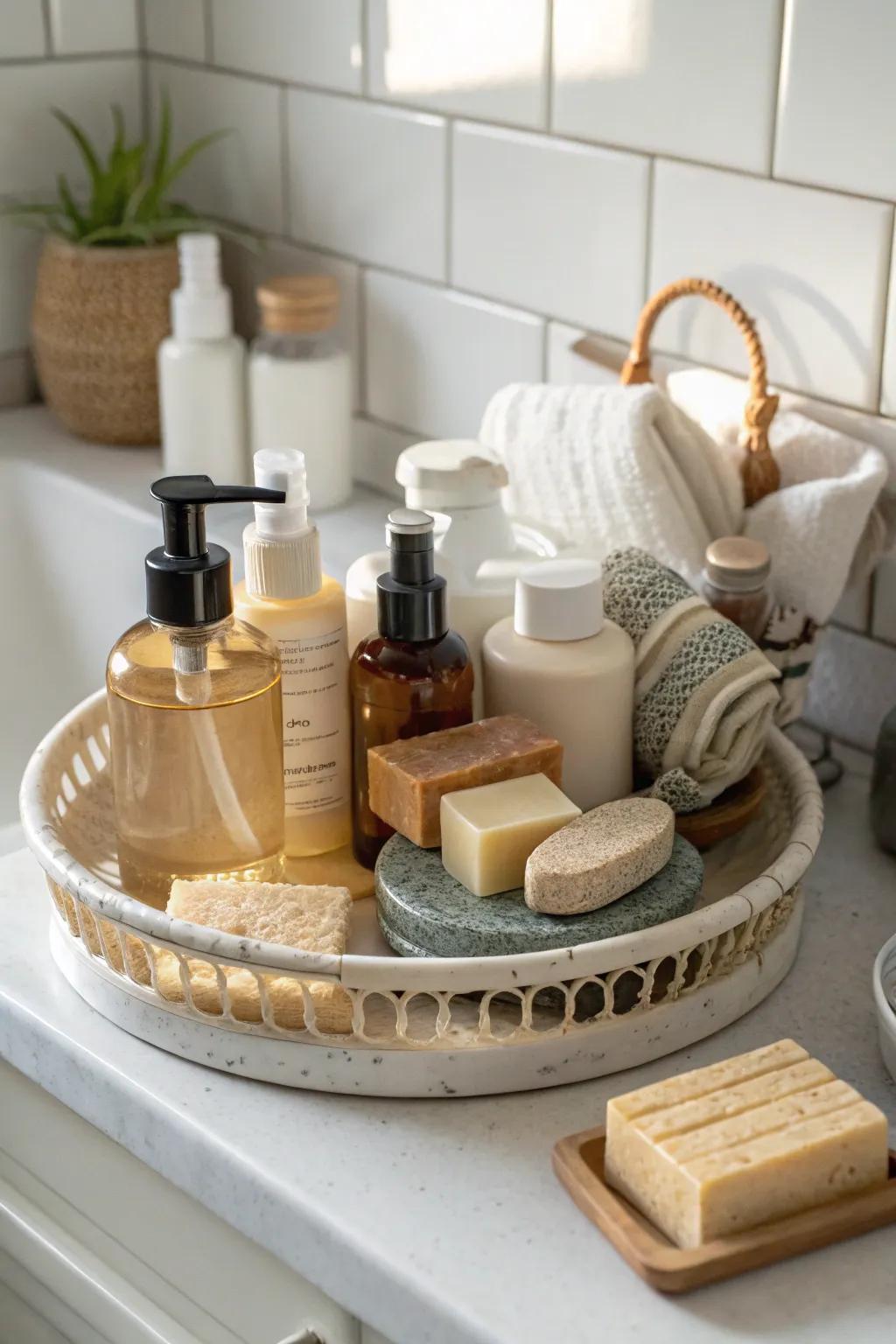 A bathroom organized with necessities on a rotating tray.