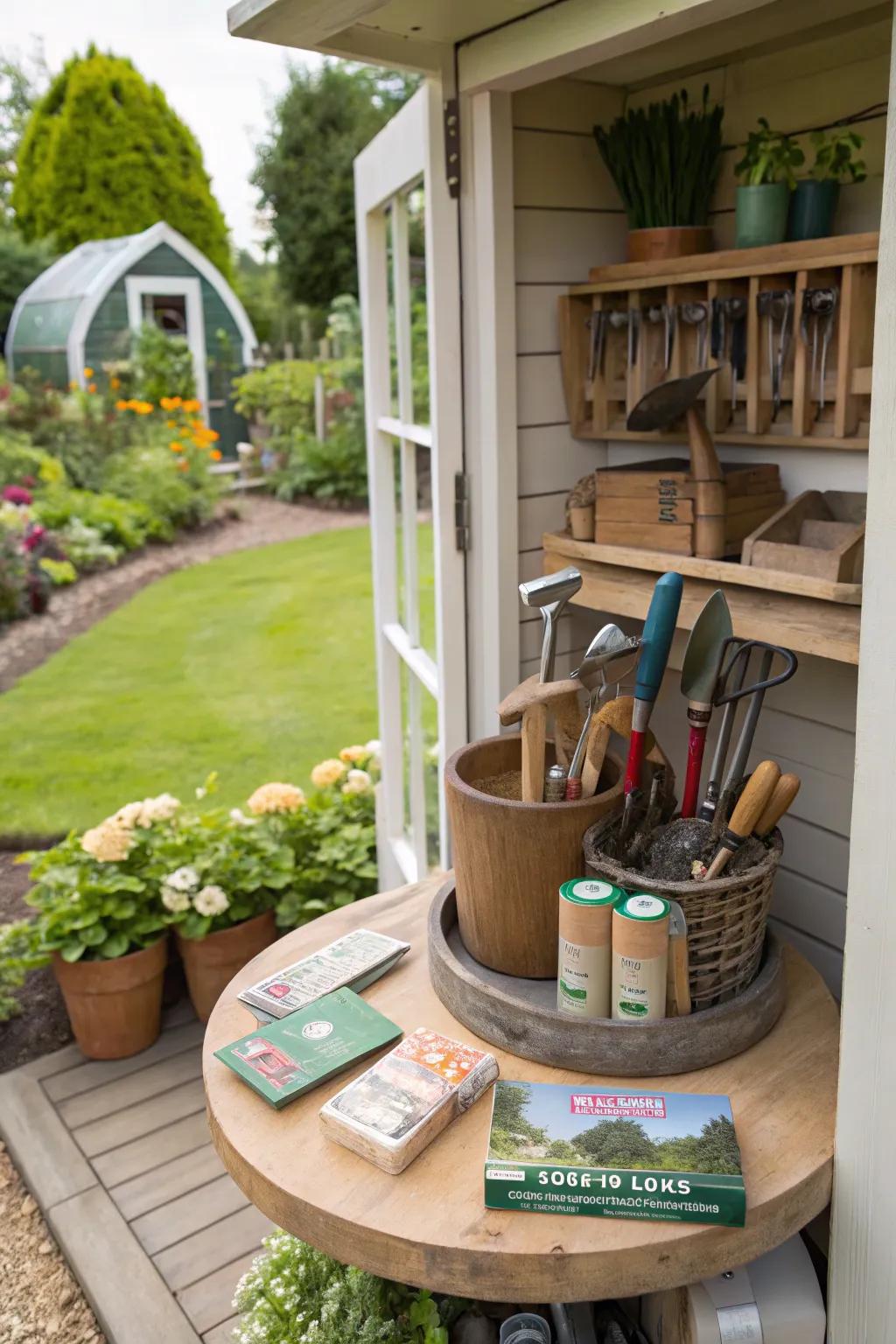 Organize gardening supplies efficiently with a turntable organizer.