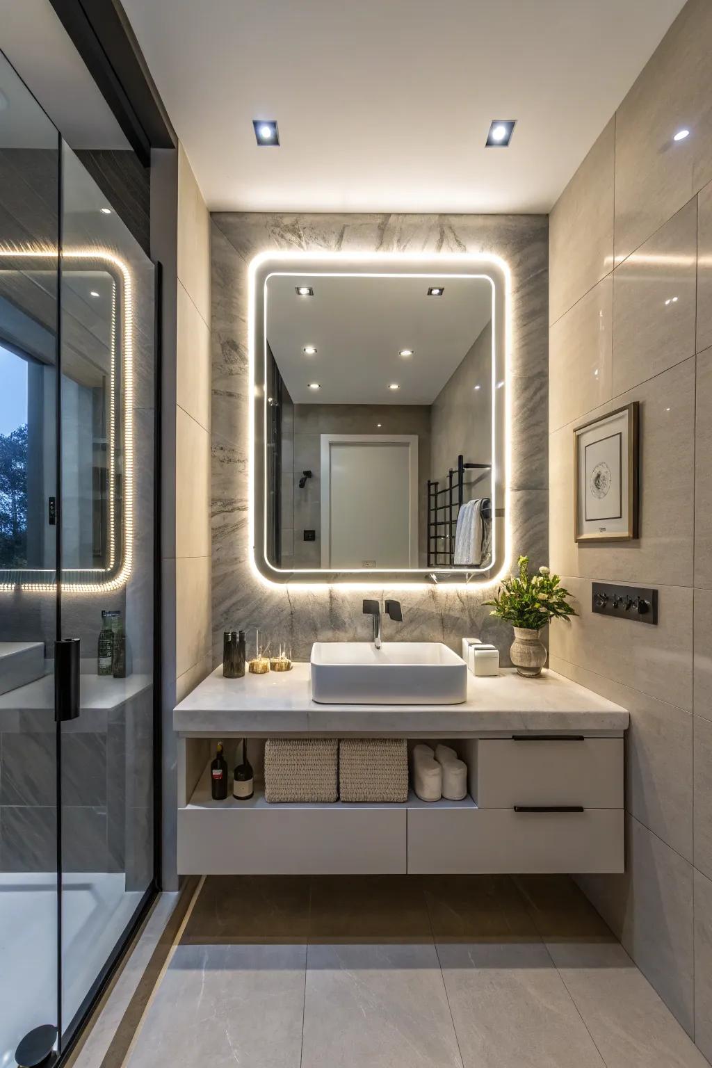 A futuristic lavatory design featuring an astute light-emitting diode reflective surface with advanced characteristics.