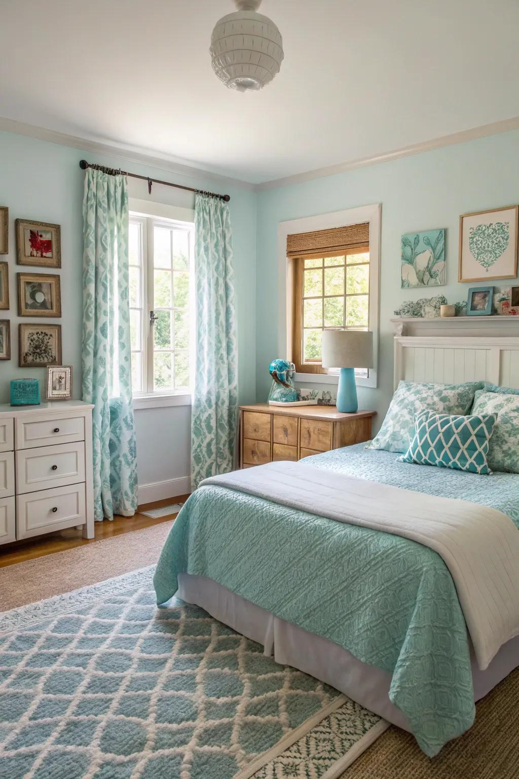 An eclectic bedroom where light blue serves as the unifying element for diverse styles.