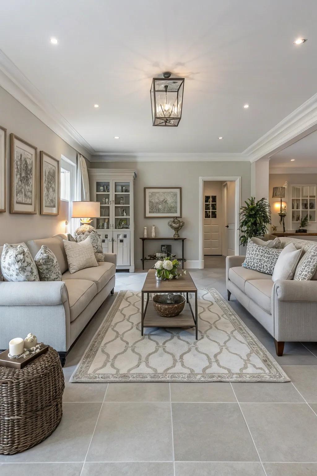 A harmonious living room with light grey flooring and symmetrical decor.
