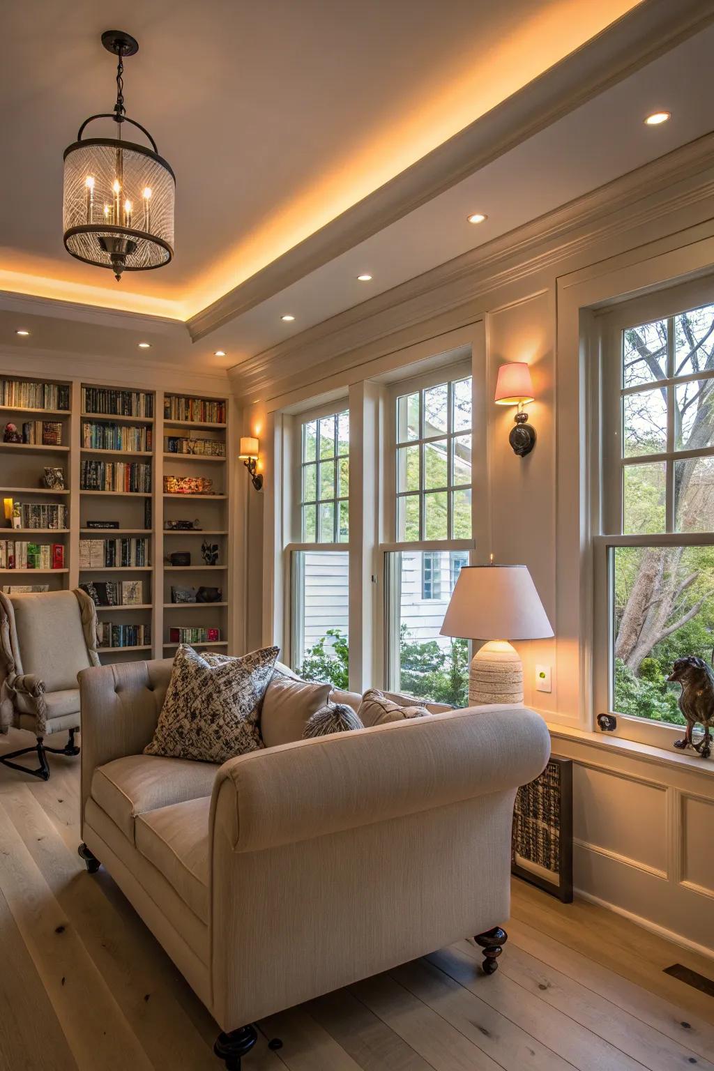 A living room with layered lighting that enhances the warmth and sophistication of light wood floors.