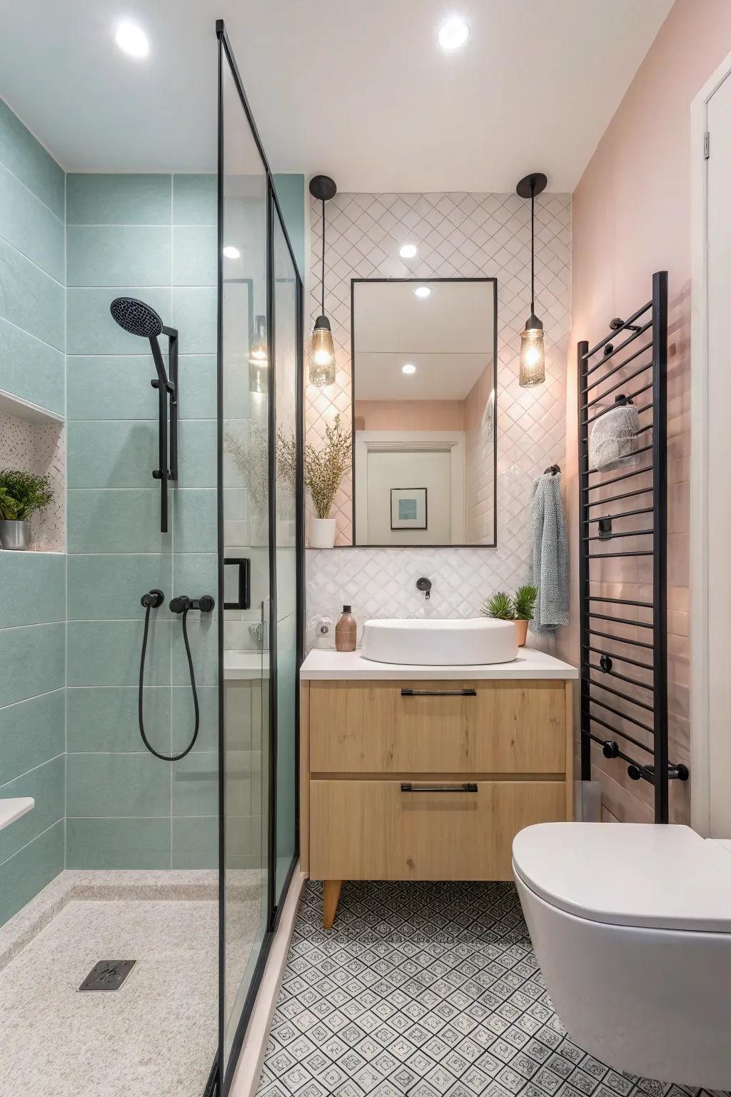 A colored shower partition adds depth to a compact bathroom.