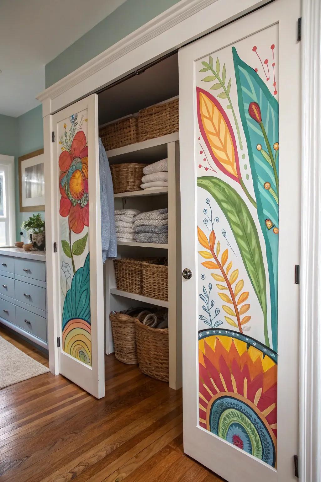 Artistic renderings turn linen closet panels into captivating art pieces.