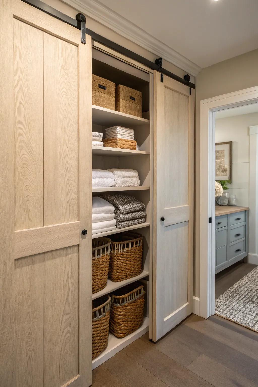 A sliding door obscures and economizes space inside a linen closet.