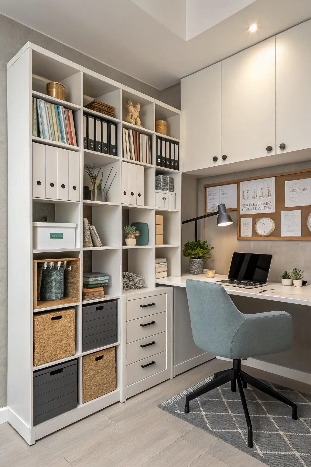 A work-from-home center using modular shelving for a productive workspace.