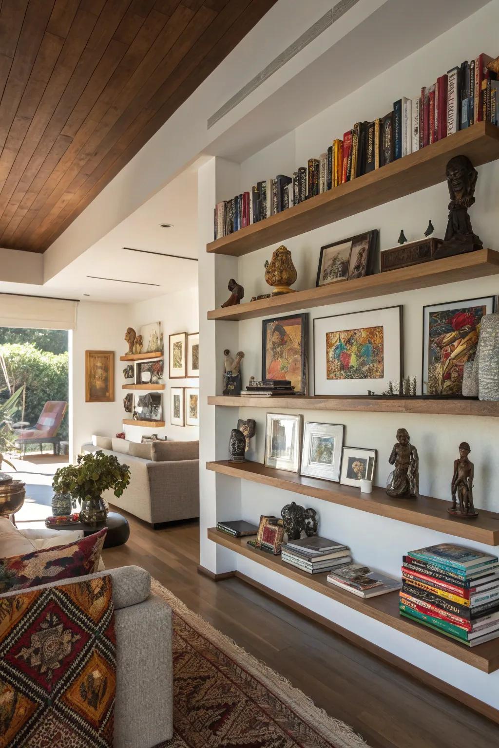 Create a shelving display by using talent together with decor on shelves.