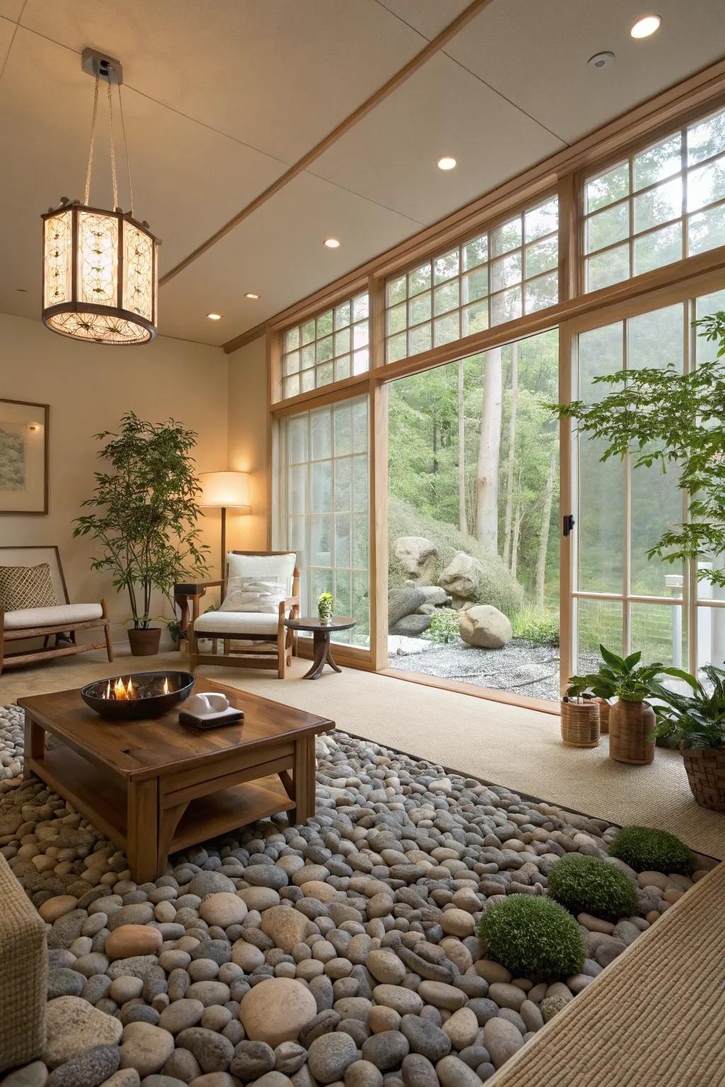 Small stone flooring introduces an innate, spa-esque sensation within your living space.