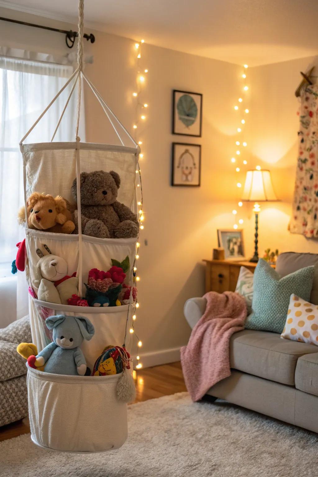 Hanging storage solutions save space and add a playful touch.