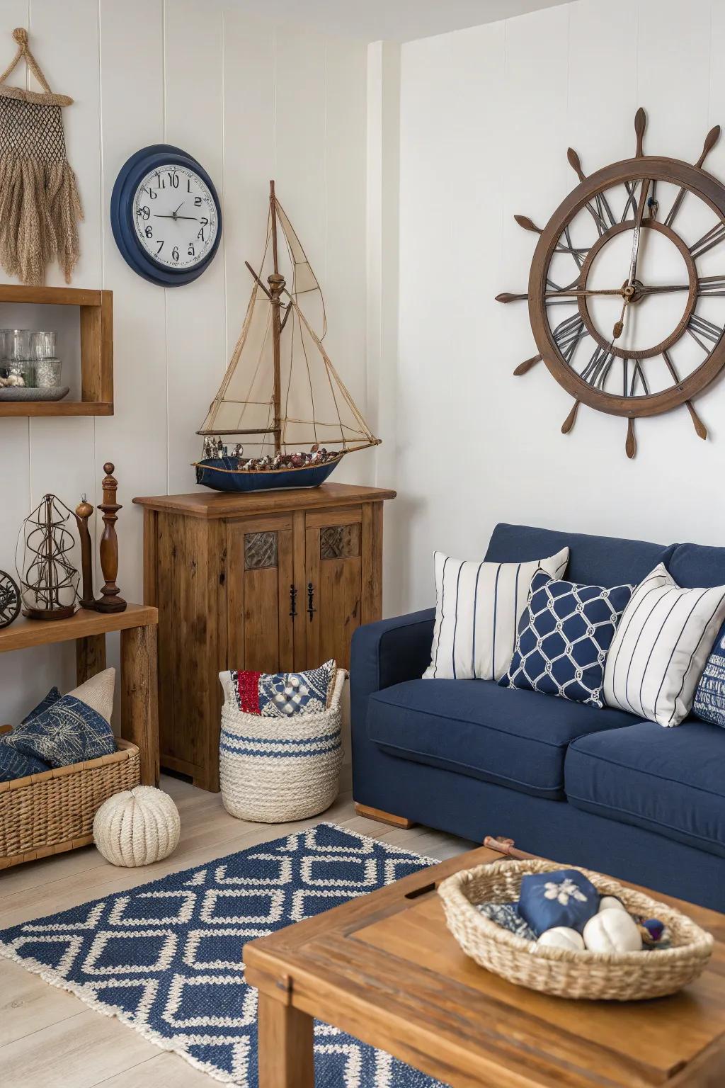 A themed décor with a wall clock generates a cohesive and welcoming atmosphere.