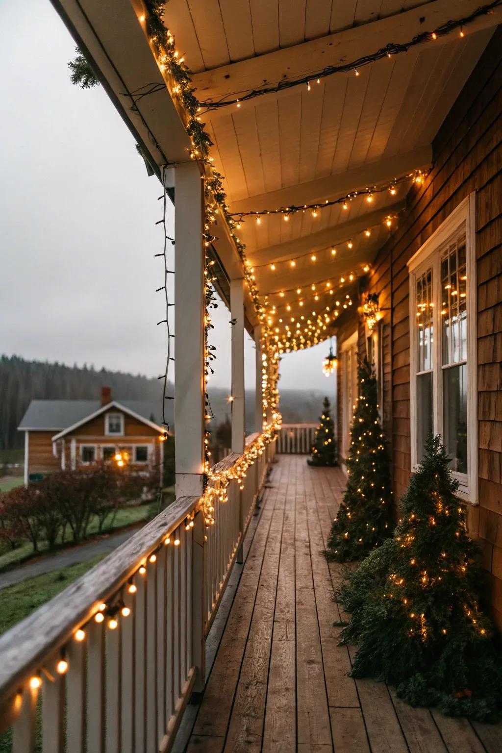 String lights create a festive atmosphere for special occasions on a porch.