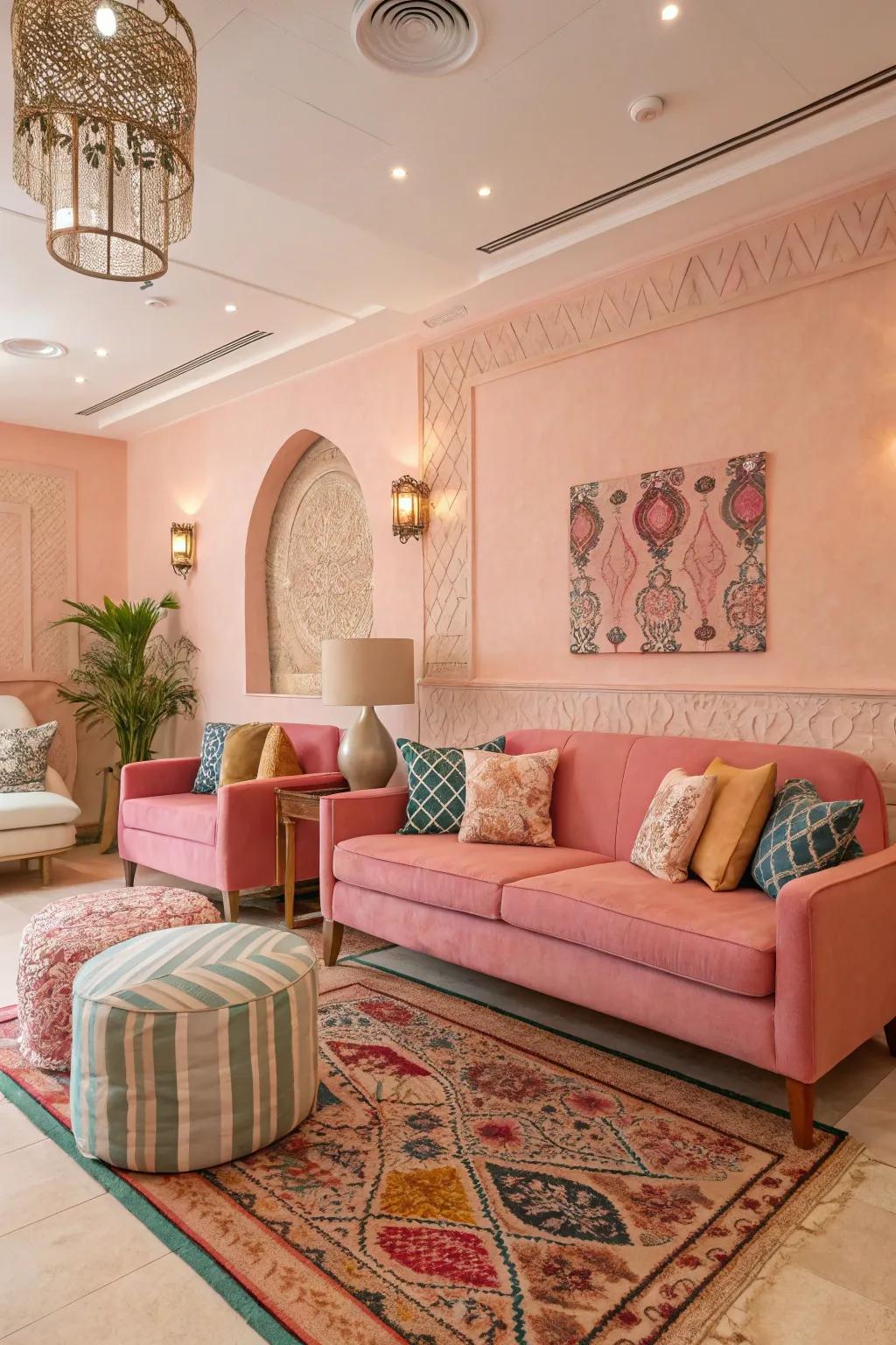 A pastel palette offers a calming and balanced atmosphere in the living room.
