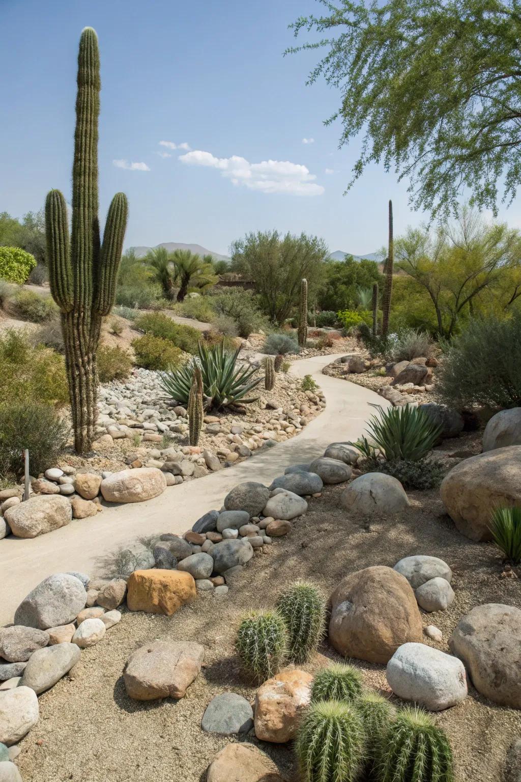 Capture desert vibes with a combination of thorny plants and pebble stones.