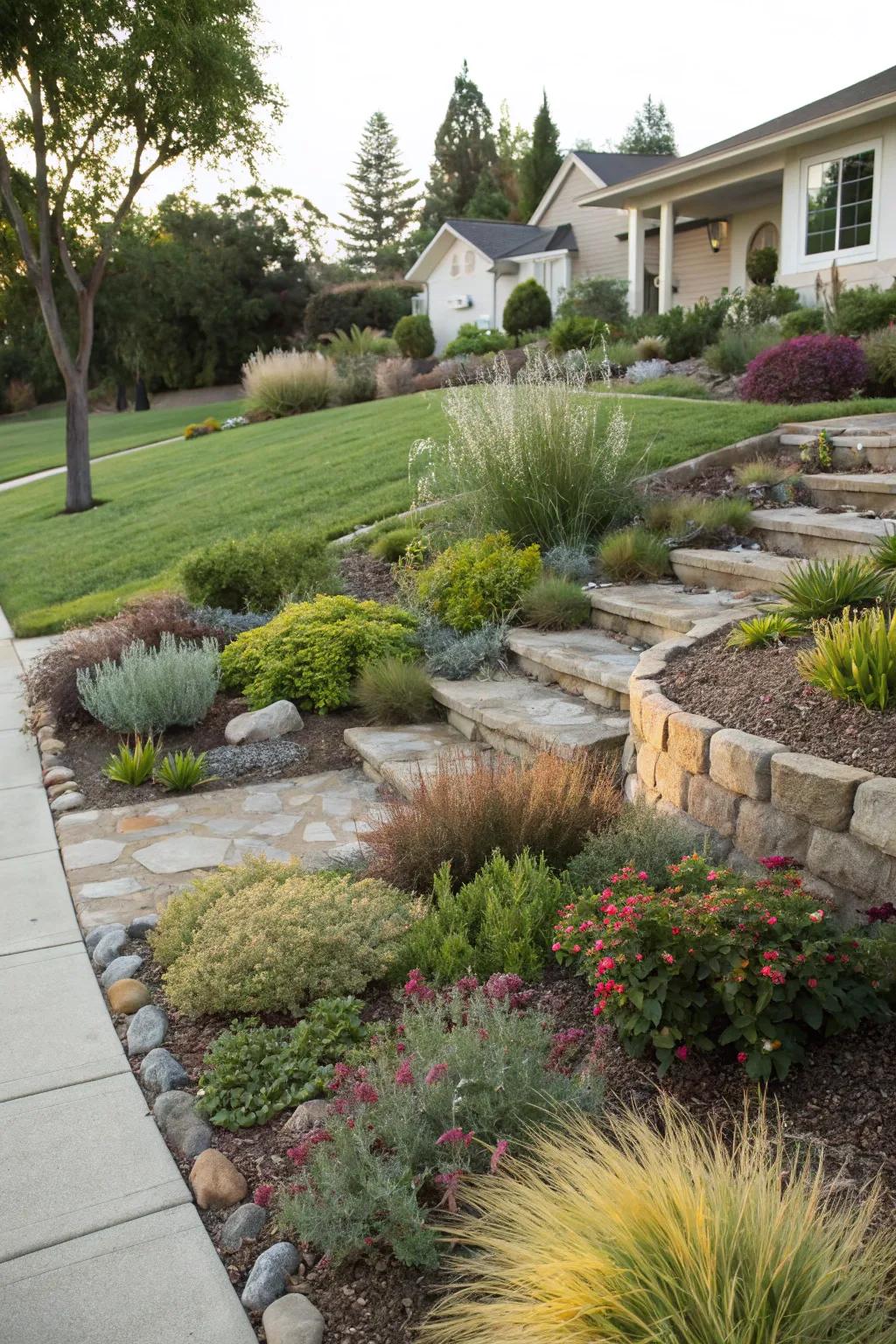 Planting maximizes space and visual interest in a xeriscape yard.