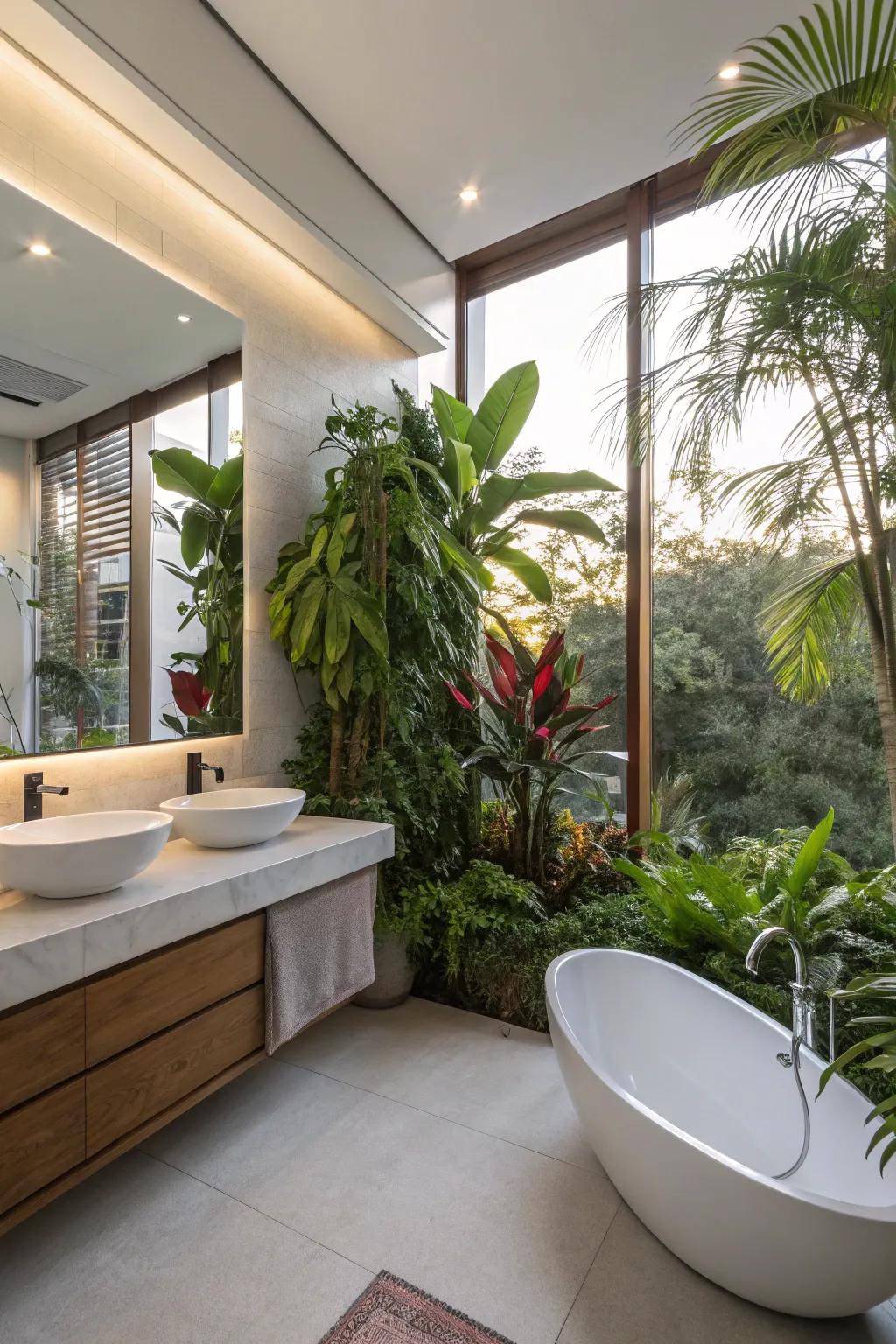 A contemporary bathroom featuring lush house plants.