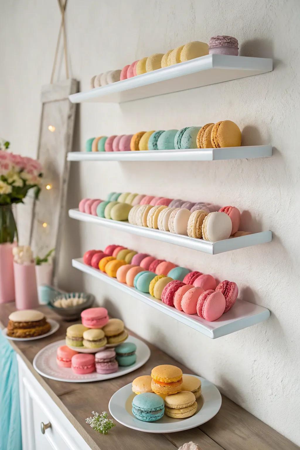 Wall mount stands with neatly arranged macarons.