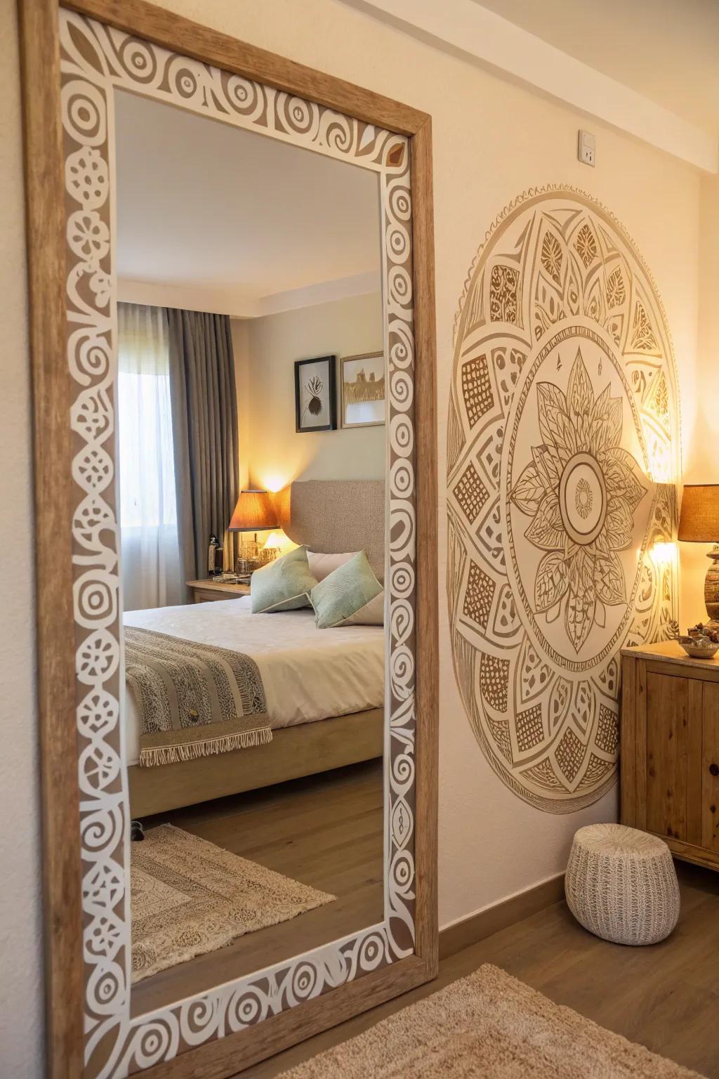 A mirror with a mandala pattern border adding elegance to a bedroom.