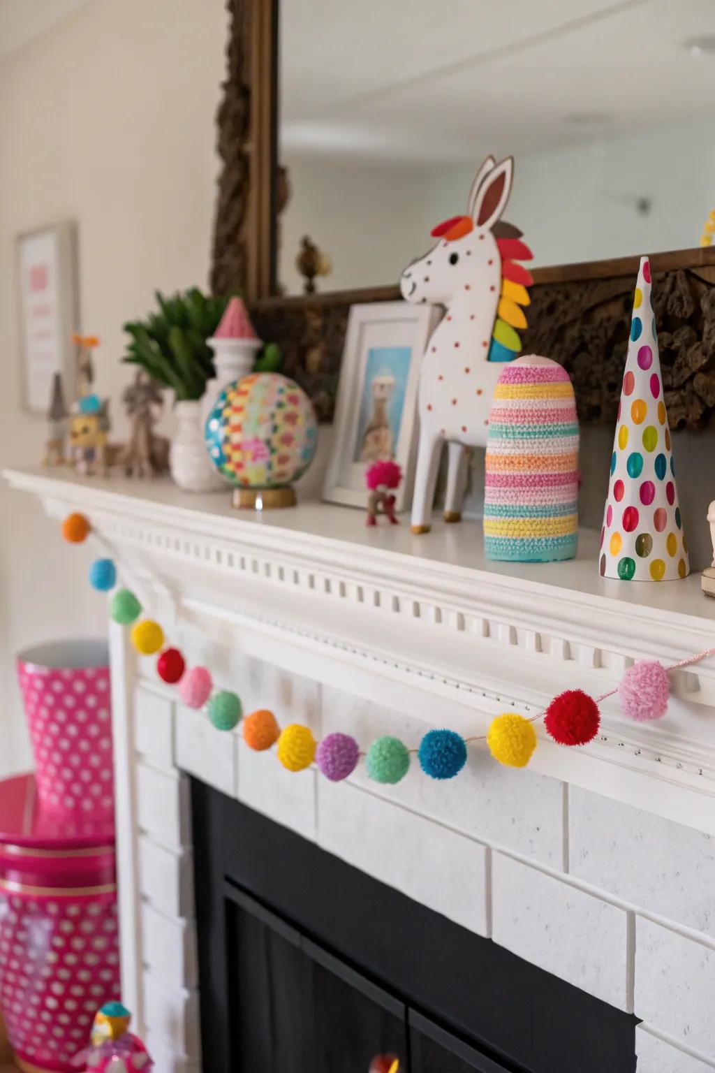 Playful embellishments impart a joyful and lively vibe to the mantel.