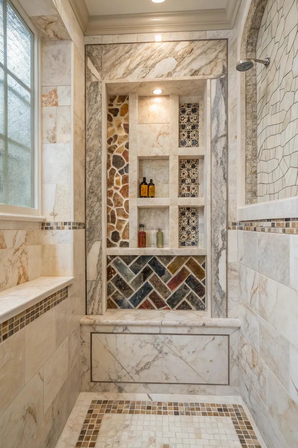Mixing stone patterns adds a playful touch to the alcove.